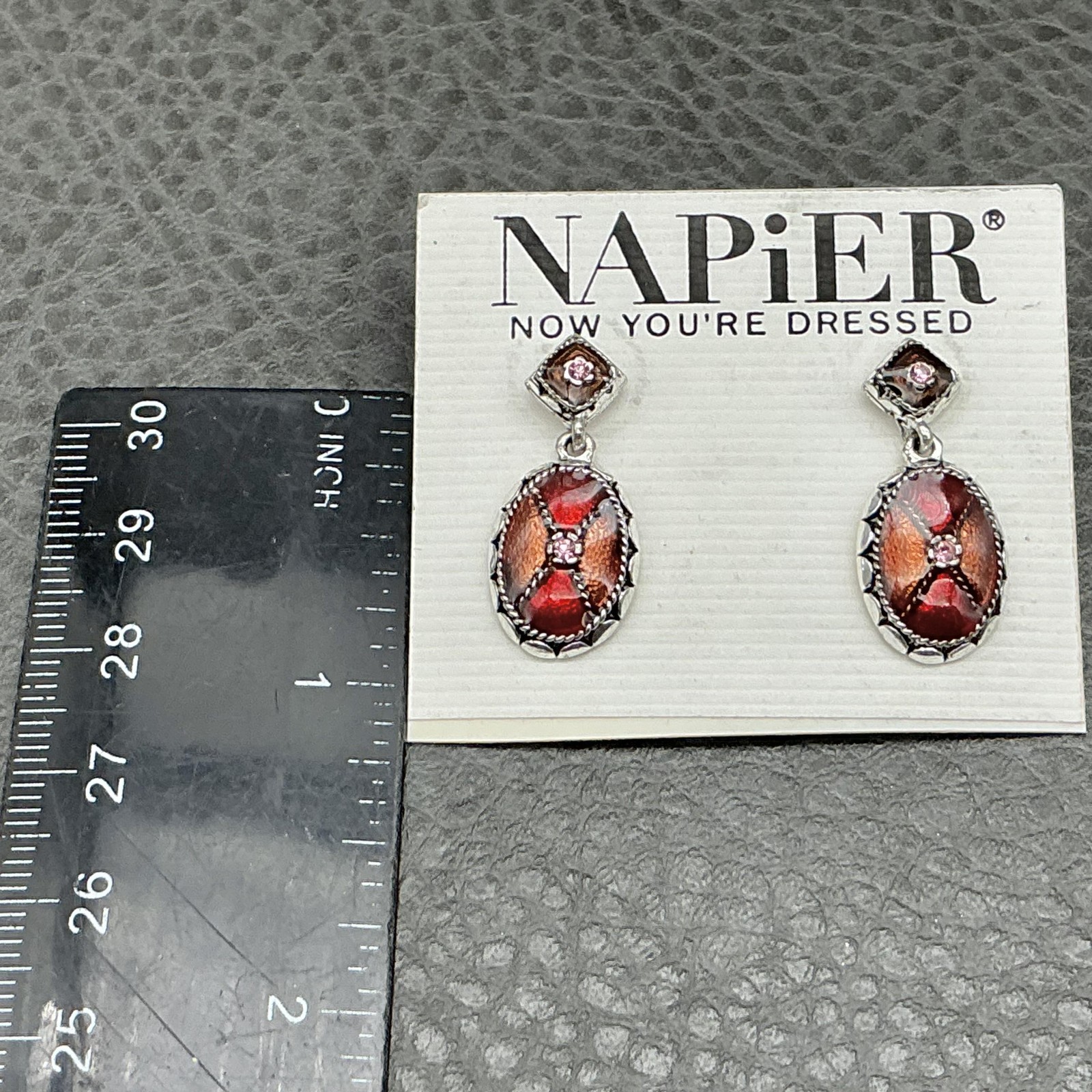 Napier Earrings Red Oval Dangle Drop Womens Enamel Pink Crystal Jewelry 1 Inch