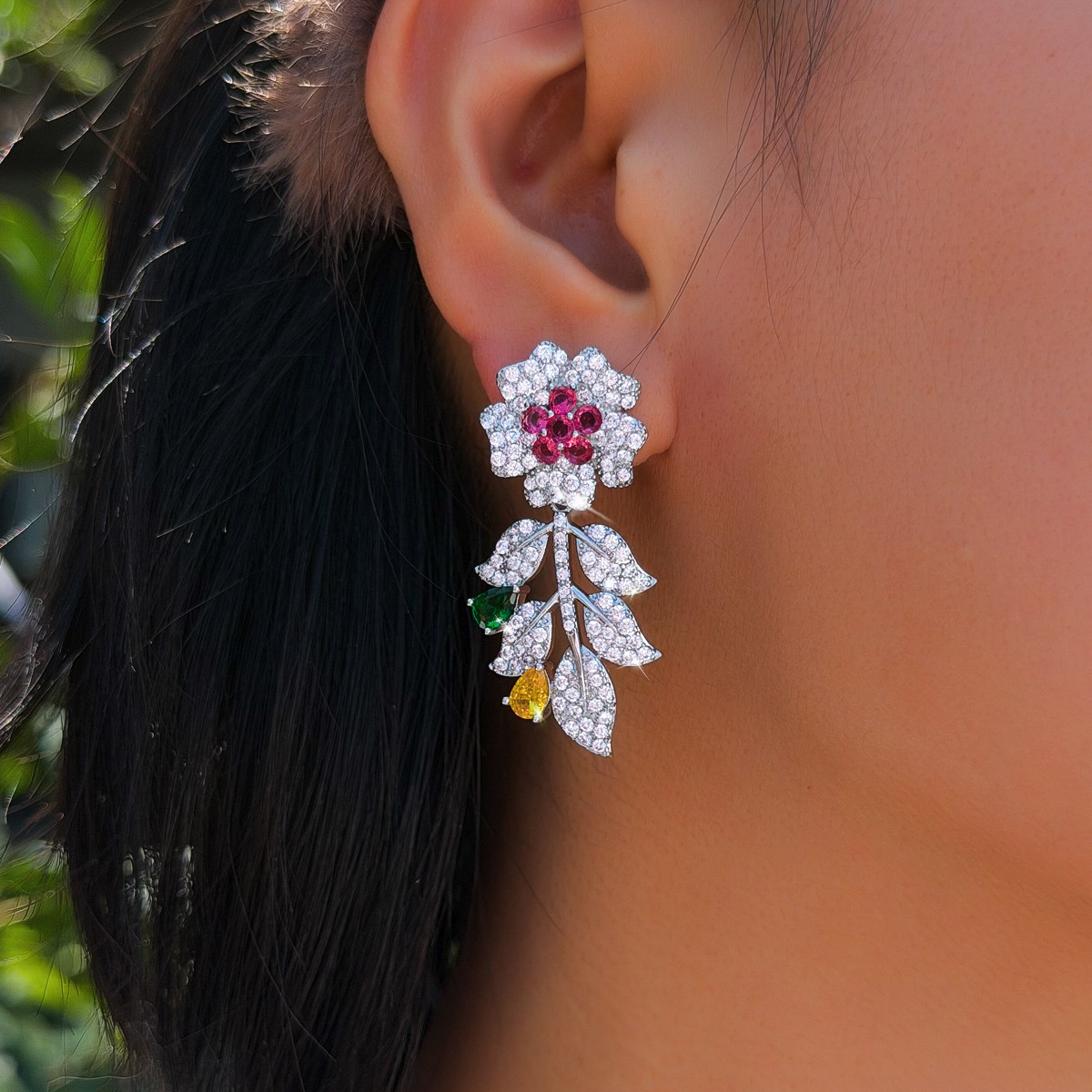 Exquisite Silver Plated Cubic Zirconia Flower Leaf Drop Earrings Wedding Jewelry