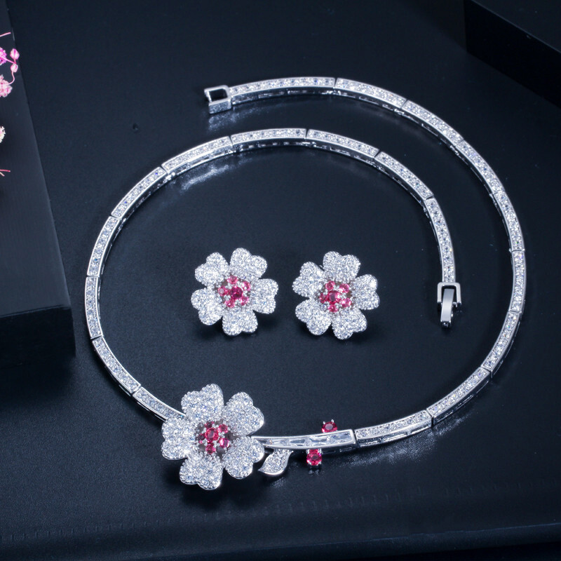 Silver Plated CZ Green Flower Choker Women Party Necklace Earrings Jewelry Set