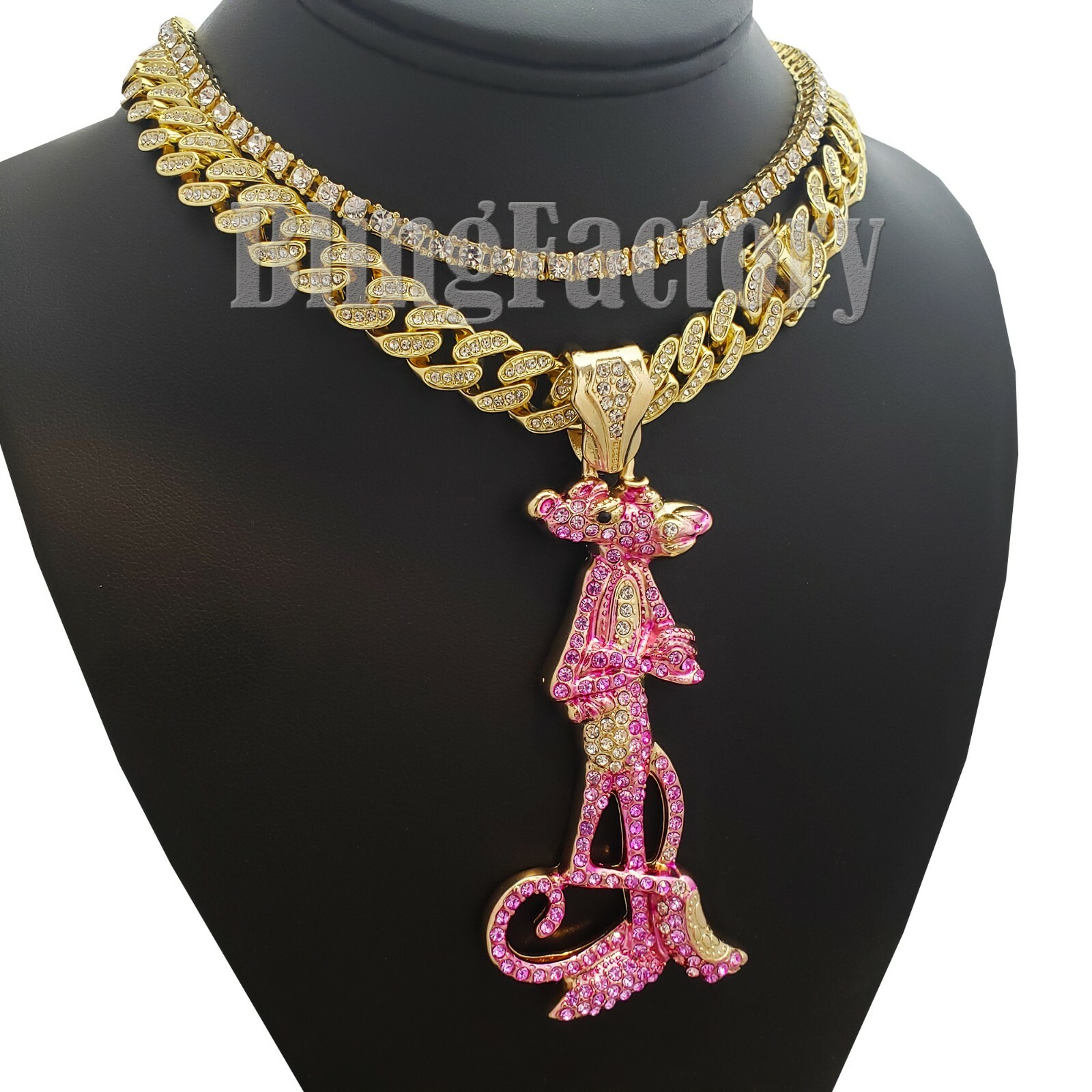 Hip Hop PINK PANTHER & 12mm 18″ Iced Cuban & 1 Row Tennis Choker Chain Necklace