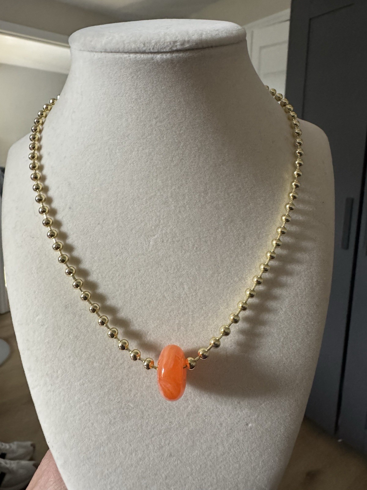 Gold Tone Metal Ball/Bead Chain Necklace w/ Round Charm Pendant, No Stone