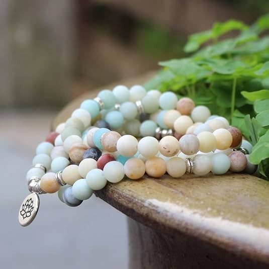 8mm Matte Amazonite 108 Mala Beads Wrap Bracelet Necklace Lotus Charm Yoga Jewel