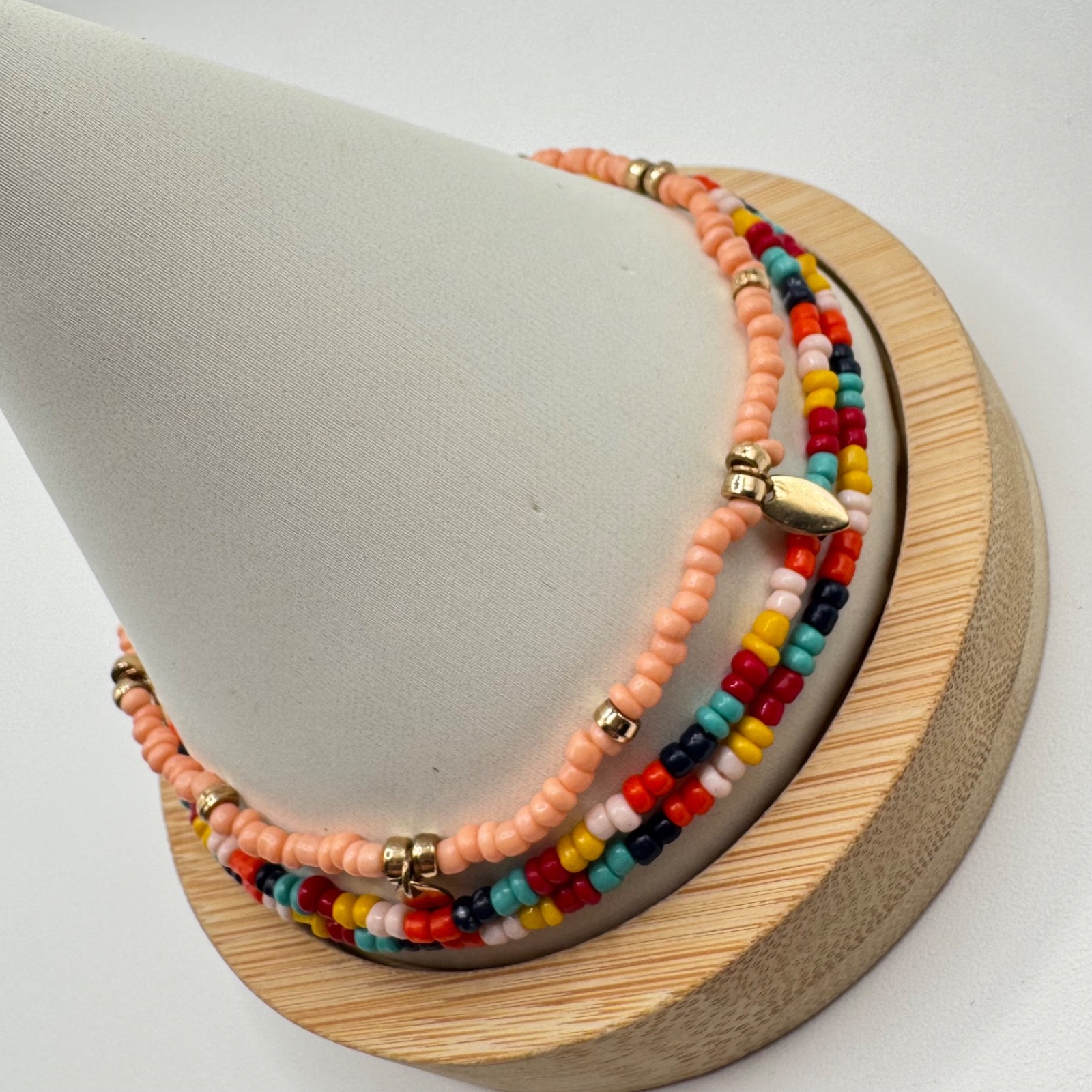Boho Seed Bead Anklet Set (3pc) Gold Leaf Charm Multicolor Layered Beach Jewelry