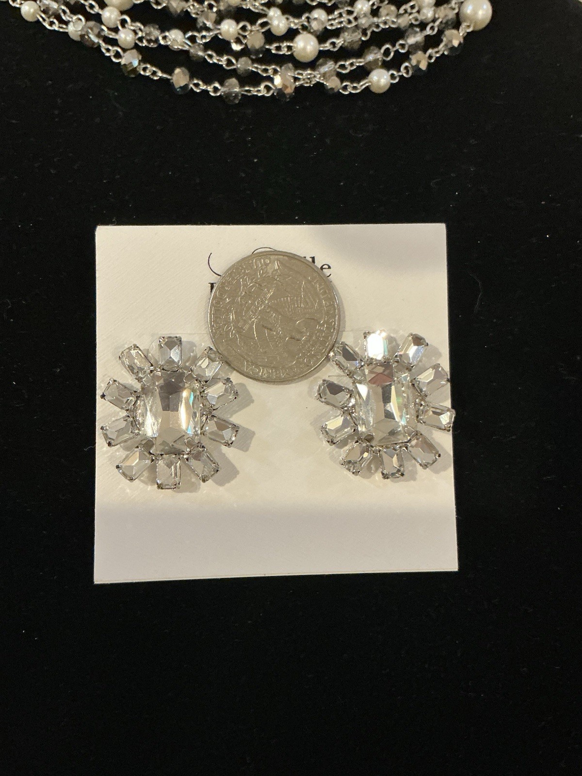 Belle Badgley Mischka Silver Crystal Pearl Statement Necklace & Earrings Set-NWT