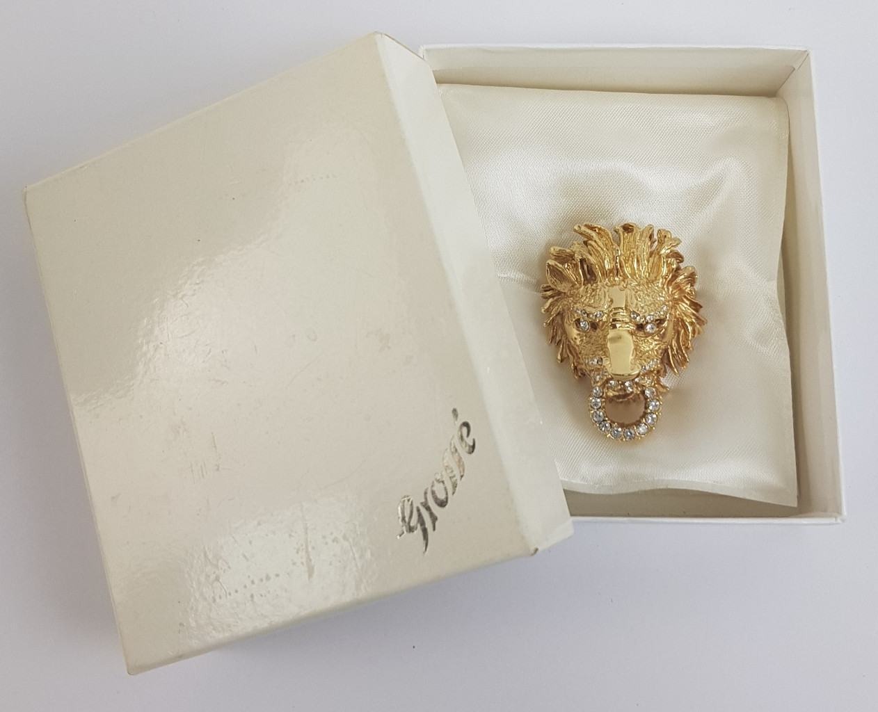 Vintage Dior Lion Head Door Knocker Brooch Rhinestone signed Grosse Germany 1969