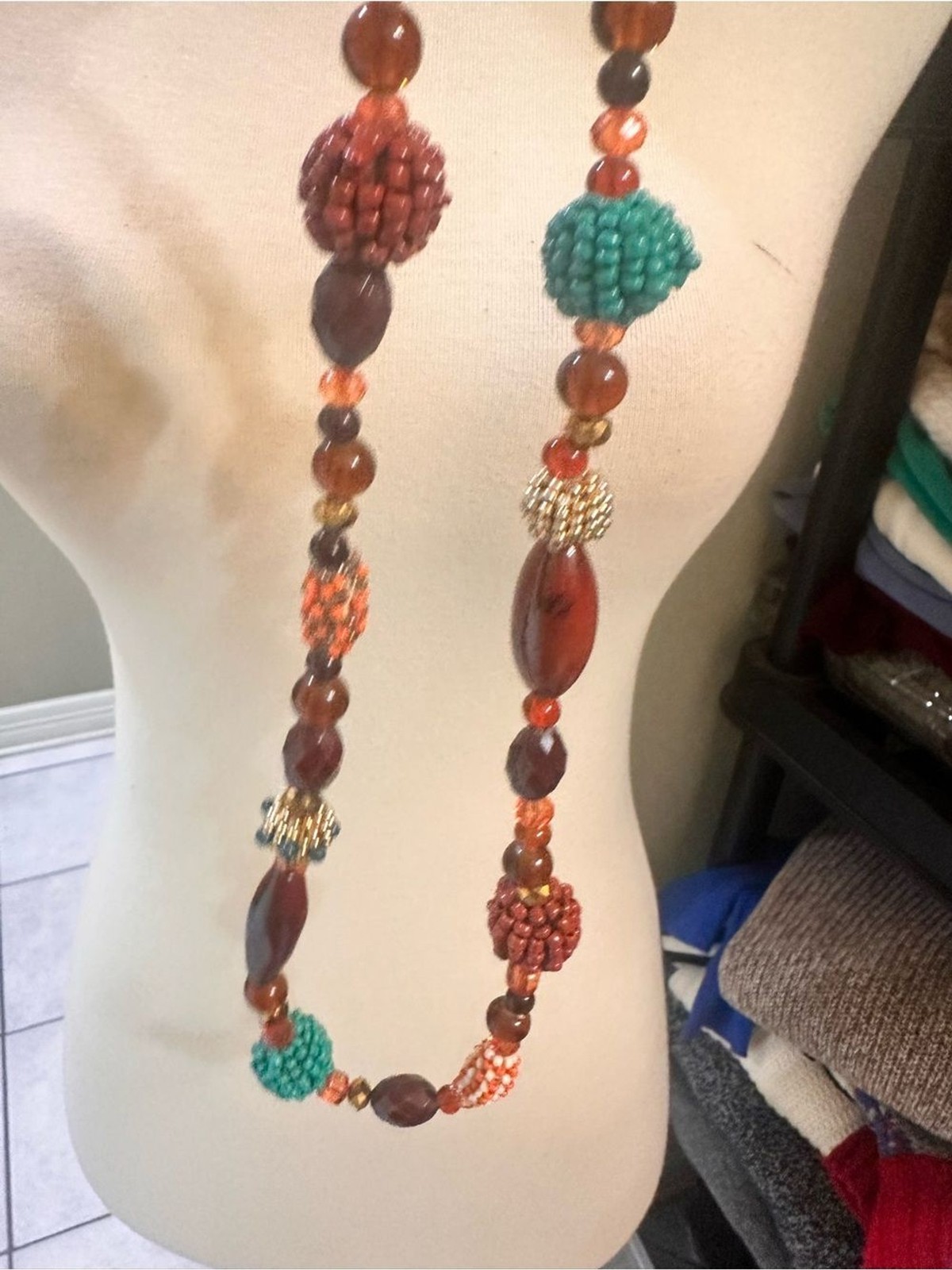 Source Unknown Brown and Teal Beaded Long Necklace