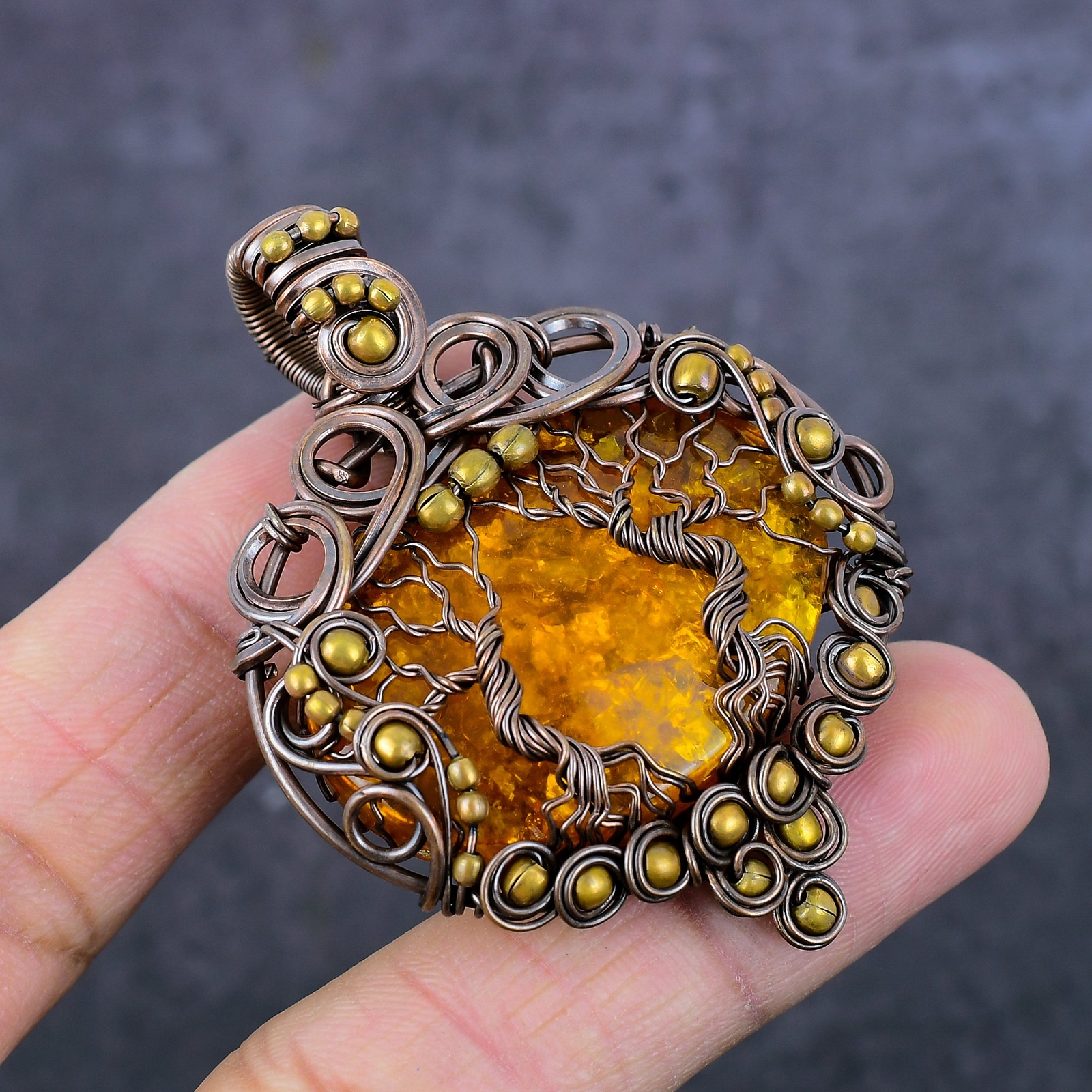 Baltic Amber Gemstone Copper Wire Wrap Tree Of Life Jewelry Pendant 2.44″ o720