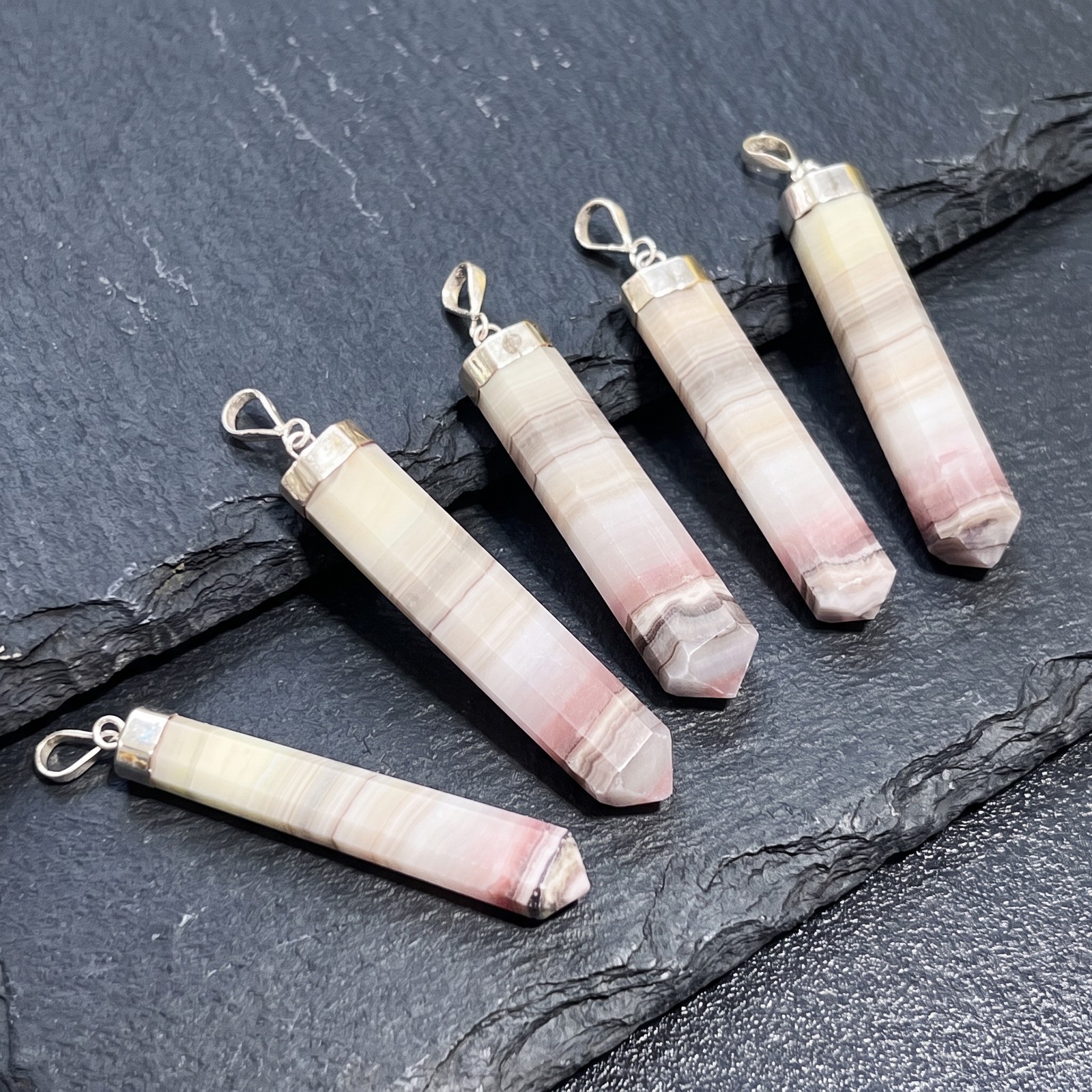 Pink Banded Calcite Crystal Point Pendant (925 Sterling Silver) Faceted Necklace