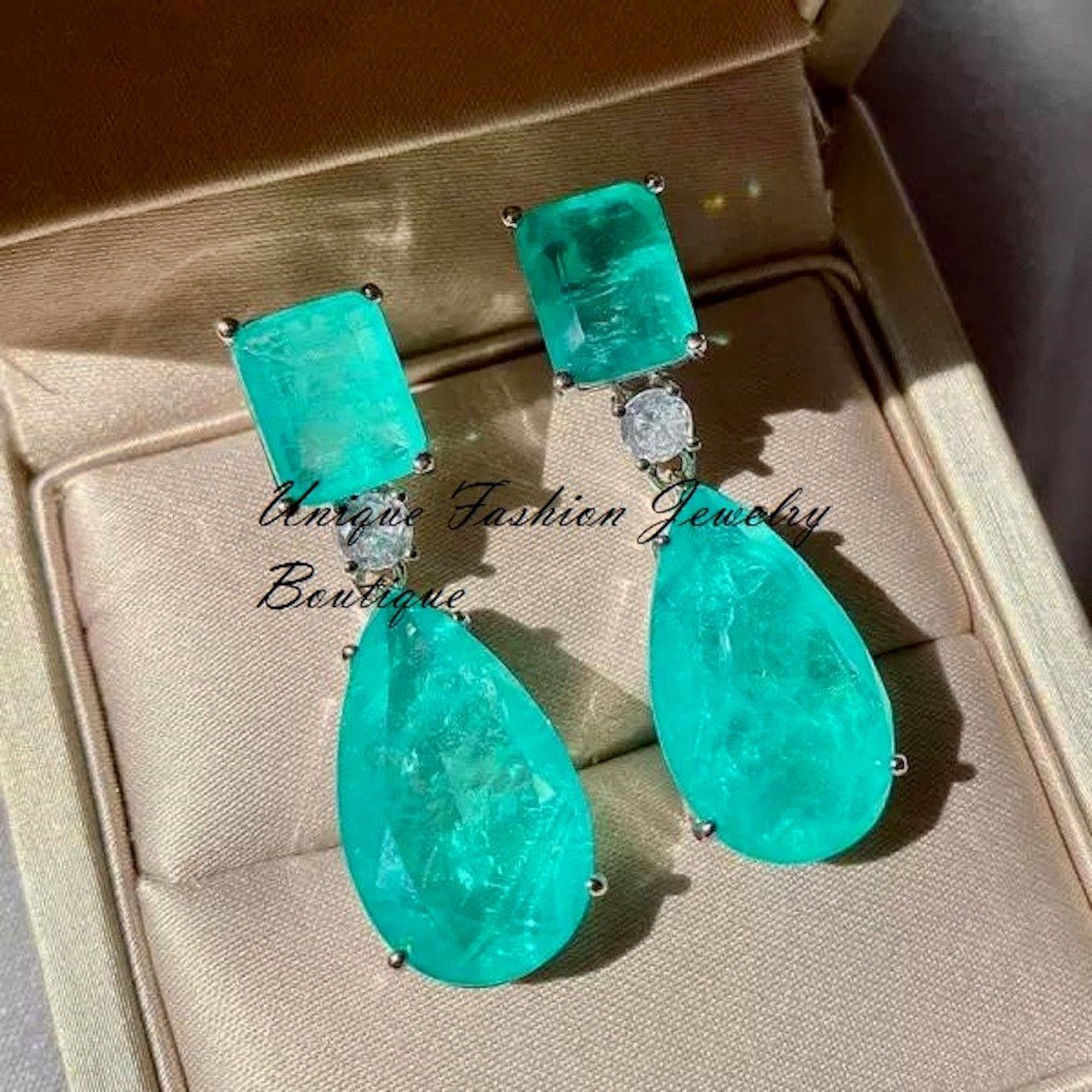 18k Platinum Plated 24 CT Paraiba Tourmaline Drop Earrings Over Sterling Silver