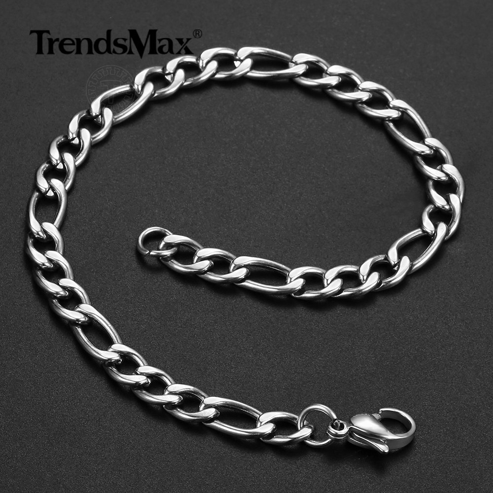 5mm Silver/Gold Plated Figaro Liink Chain Bracelet Stainless Steel Clasp Jewelry