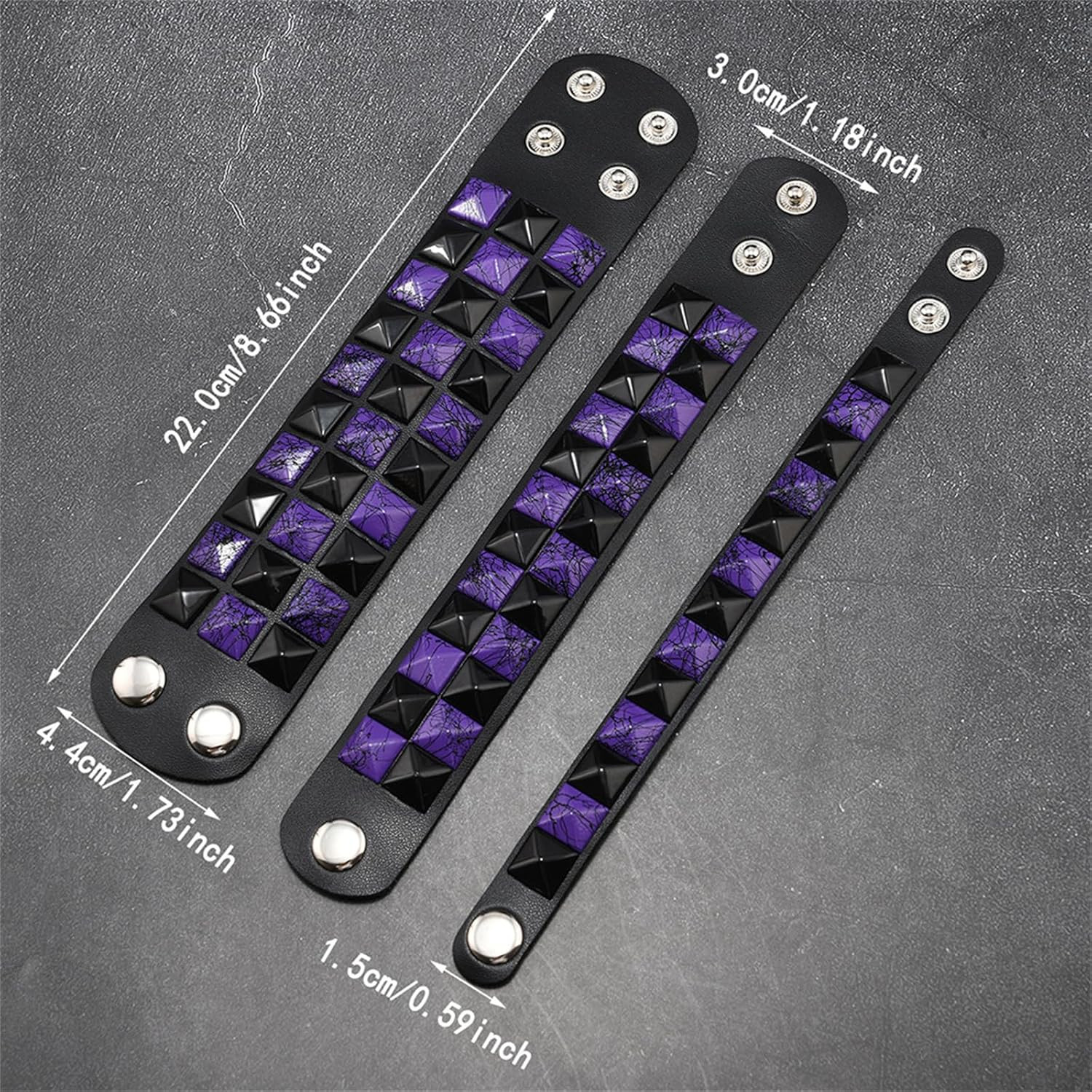 Gothic Punk Checkered Bracelet Set PU Leather Wristbands 3 Pack Balck & Purple