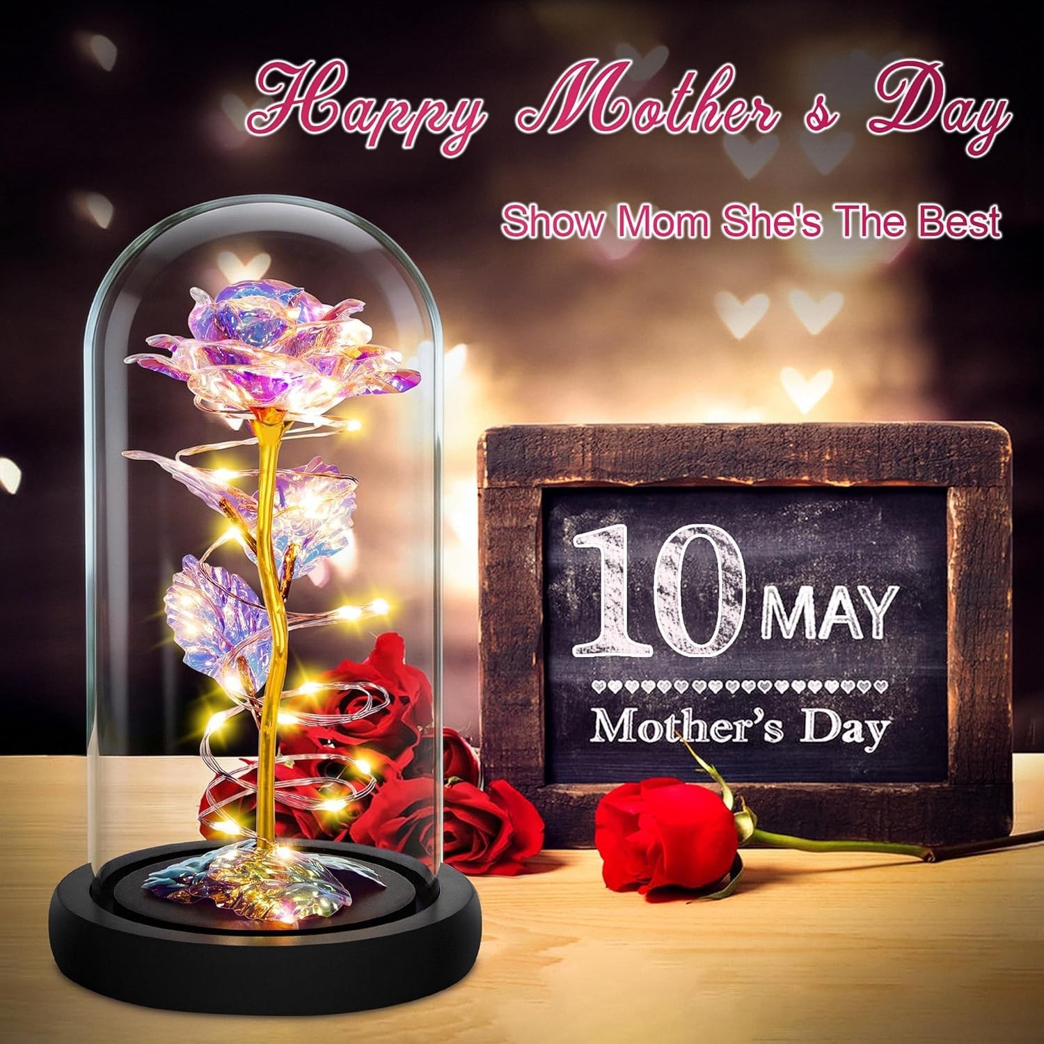 Eternal Love: Rainbow Rose in Glass Dome with LED Lights for All Occasions