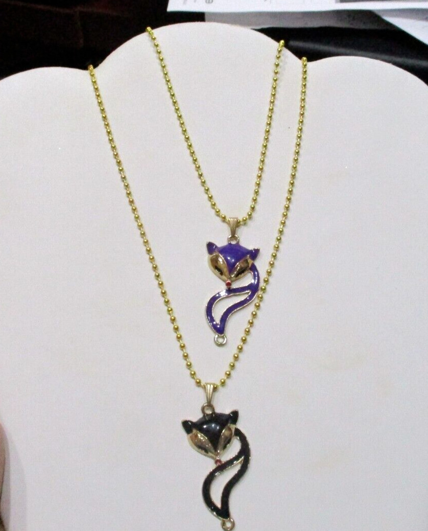 2 pcs cute Enamel Fox 1 black 1 purple w/ red nose pendant 22” goldtone chain