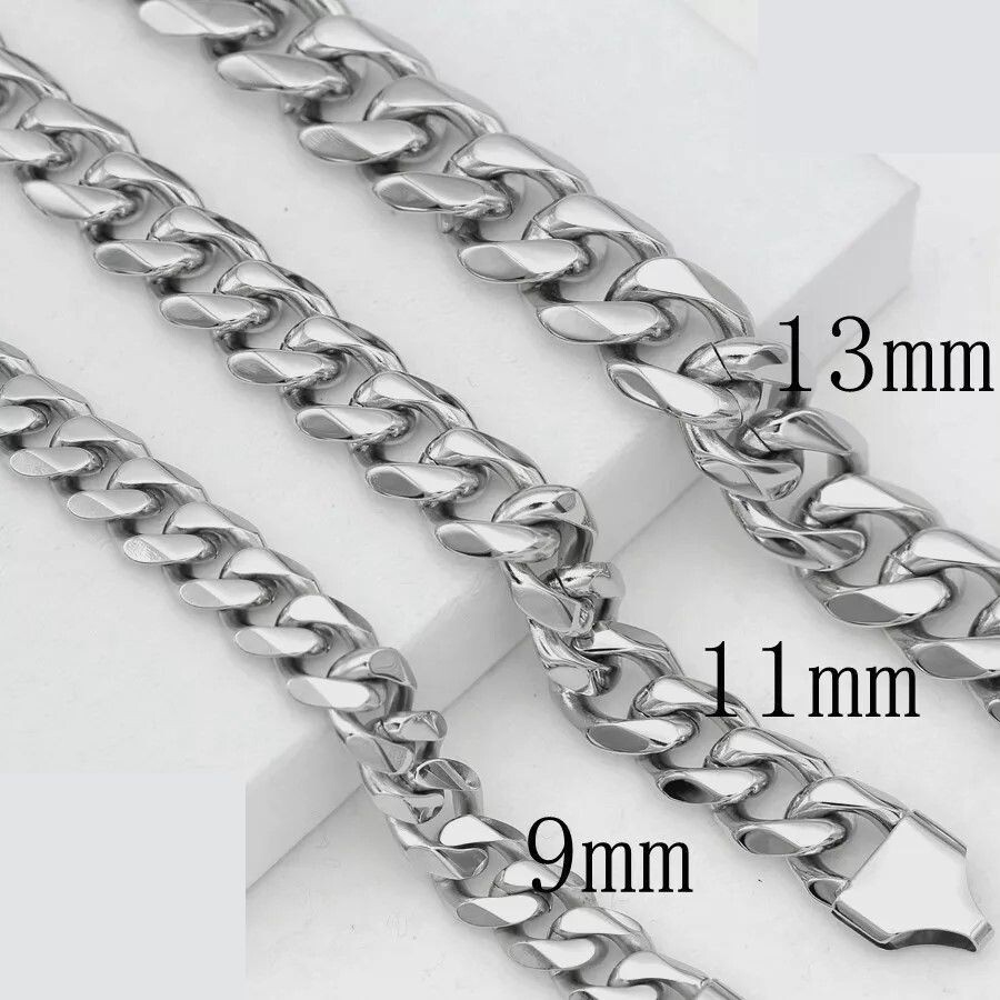 Men’s 8.5″ Silver Stainless Steel 13mm 11mm 9mm Miami Cuban-Curb Bracelet Box