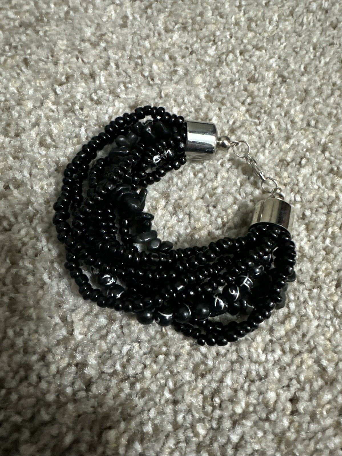 Chunky Black Beaded Multi-Strand Bracelet With Silver-Tone Boho Gothic Statement