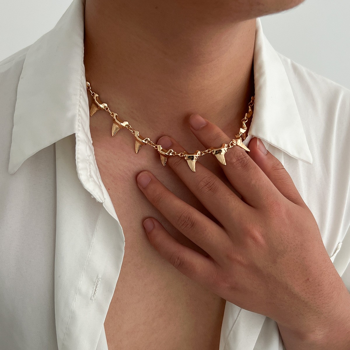 Gold Shark Tooth Link Choker Stainless Ocean Style Unisex Statement Necklace