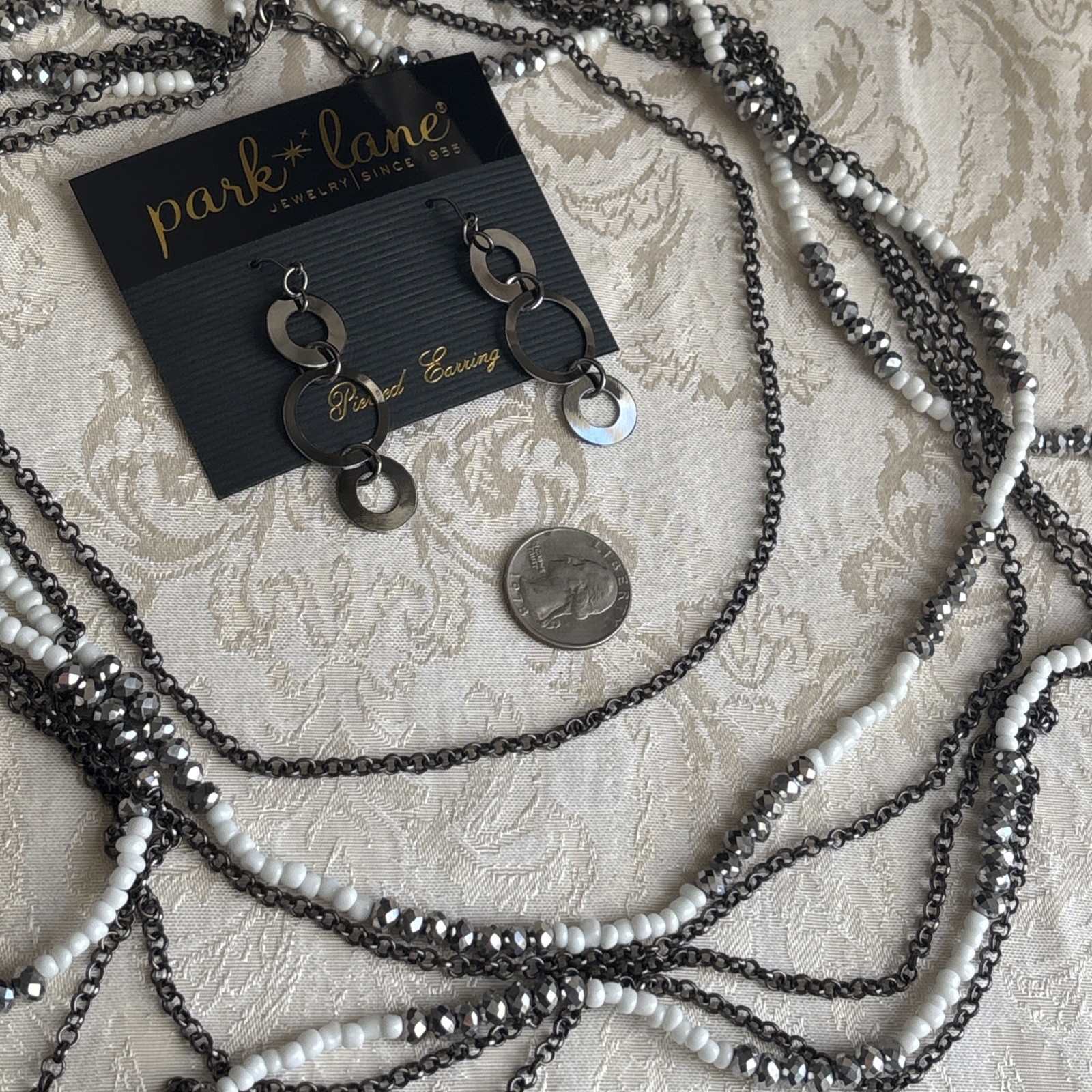Park Lane Chic Earrings Hematite Tone Interlocking Circles & Unsigned Necklace