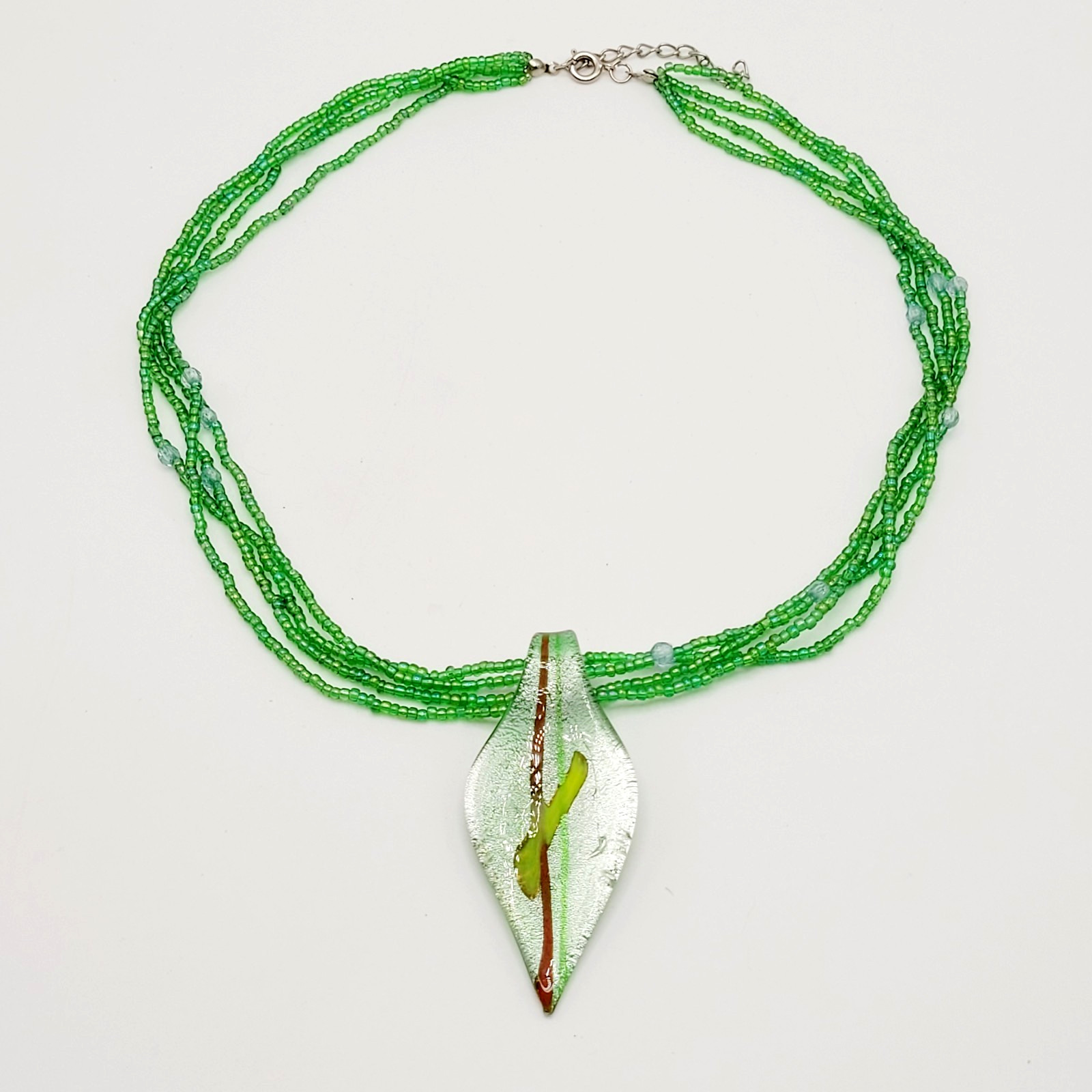Green Art Glass Pendant Iridescent Seed Bead Multi Strand Necklace Vtg Y2K Era