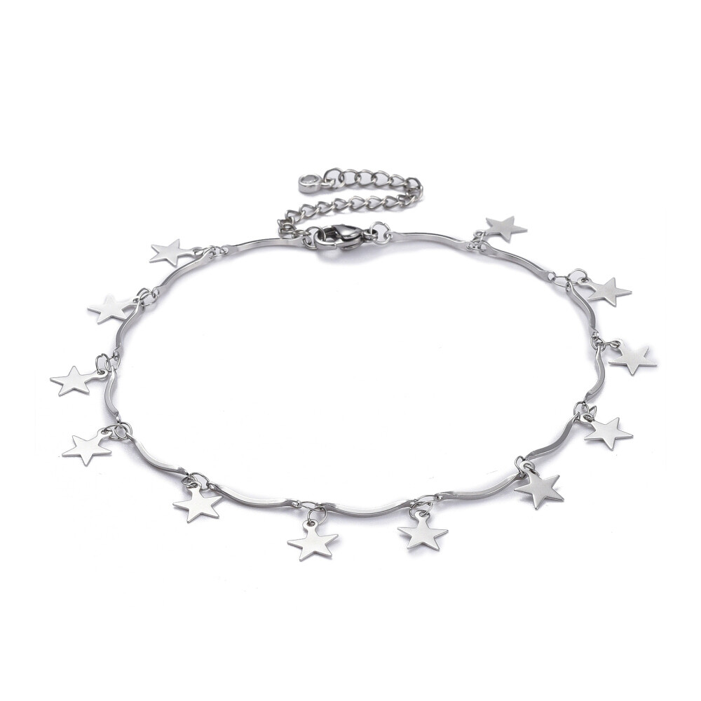 Stainless Steel Bar Chain Anklet Bracelet Star Charms Lobster Silver 9.6″ Z10