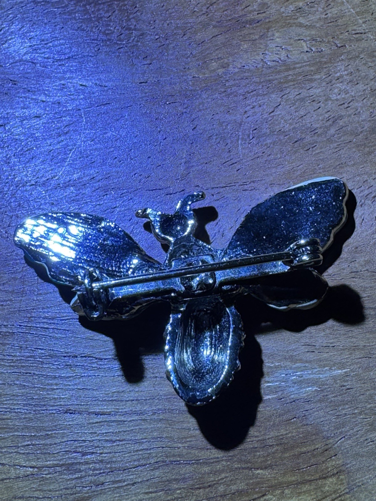 Bee Brooch Pin Silver Tone Blue Enamel Wings Crystal Rhinestones Pink Accents
