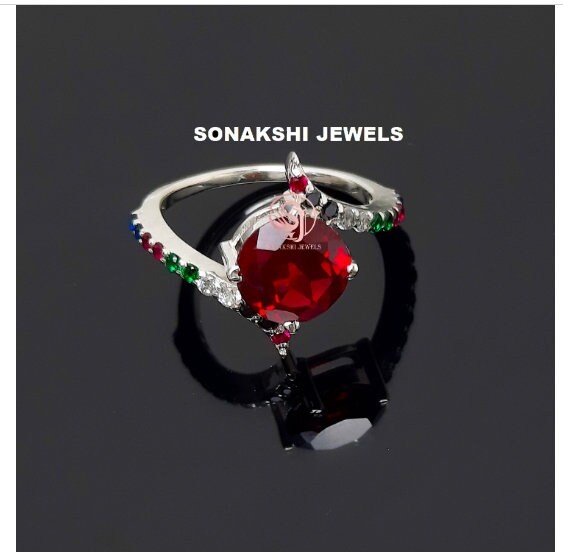 Handmade Design 925 Sterling Silver Red Cubic Zirconia Halo Ring
