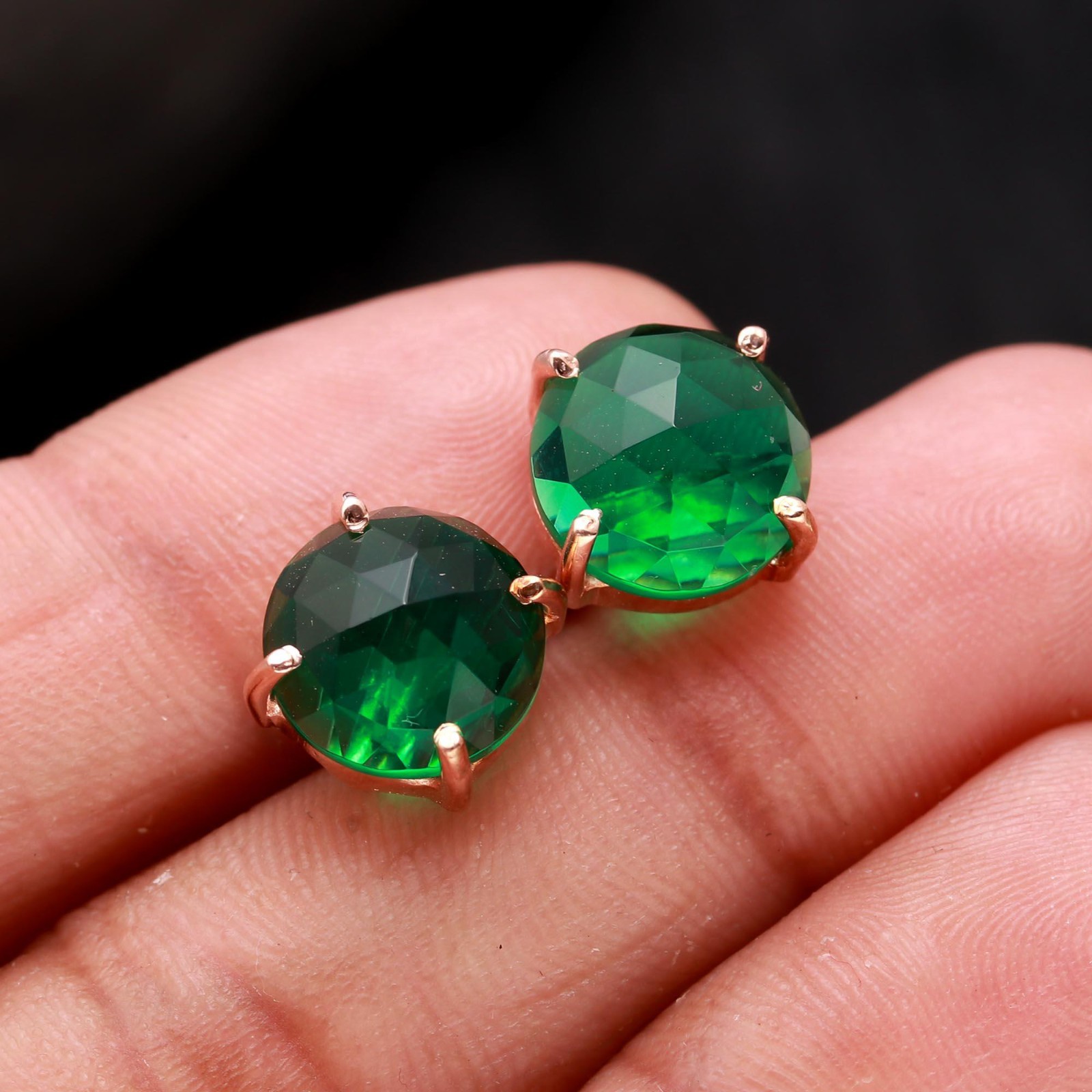 Natural Green Emerald Round Stud Earrings Rose Gold Fill Solid Silver Jewelry
