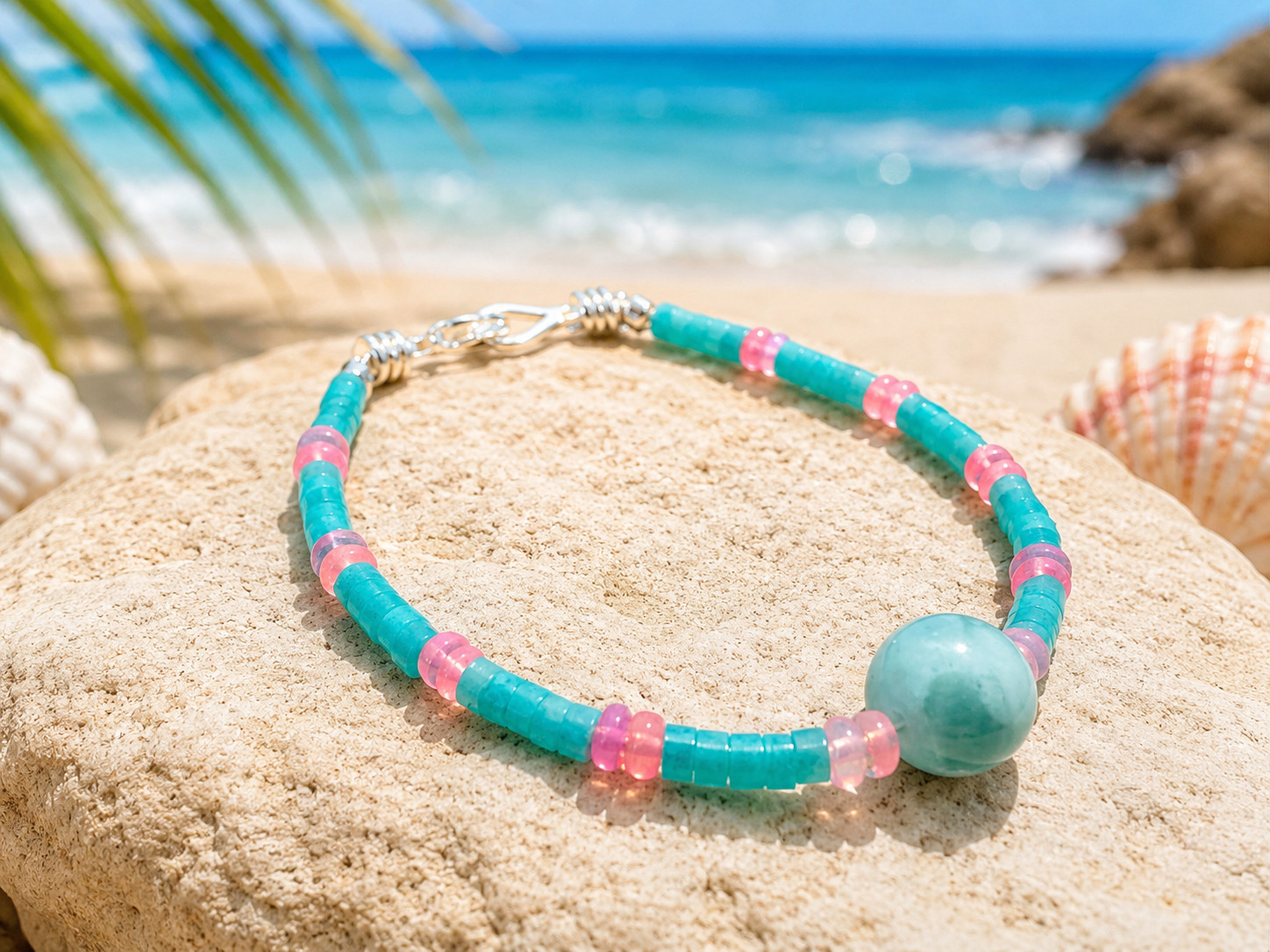 Amazonite & Dyed Opal Beaded Bracelet / Anklet – Moonstone Center – Handmade