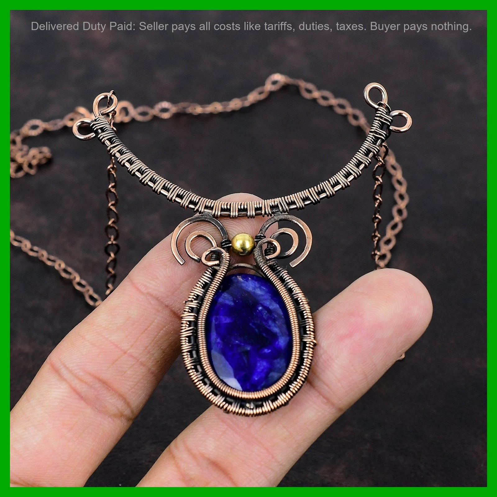 Copper Oval Blue Saphire Gemstone Unique Wire Wrapped Birthday Necklace Jewelry