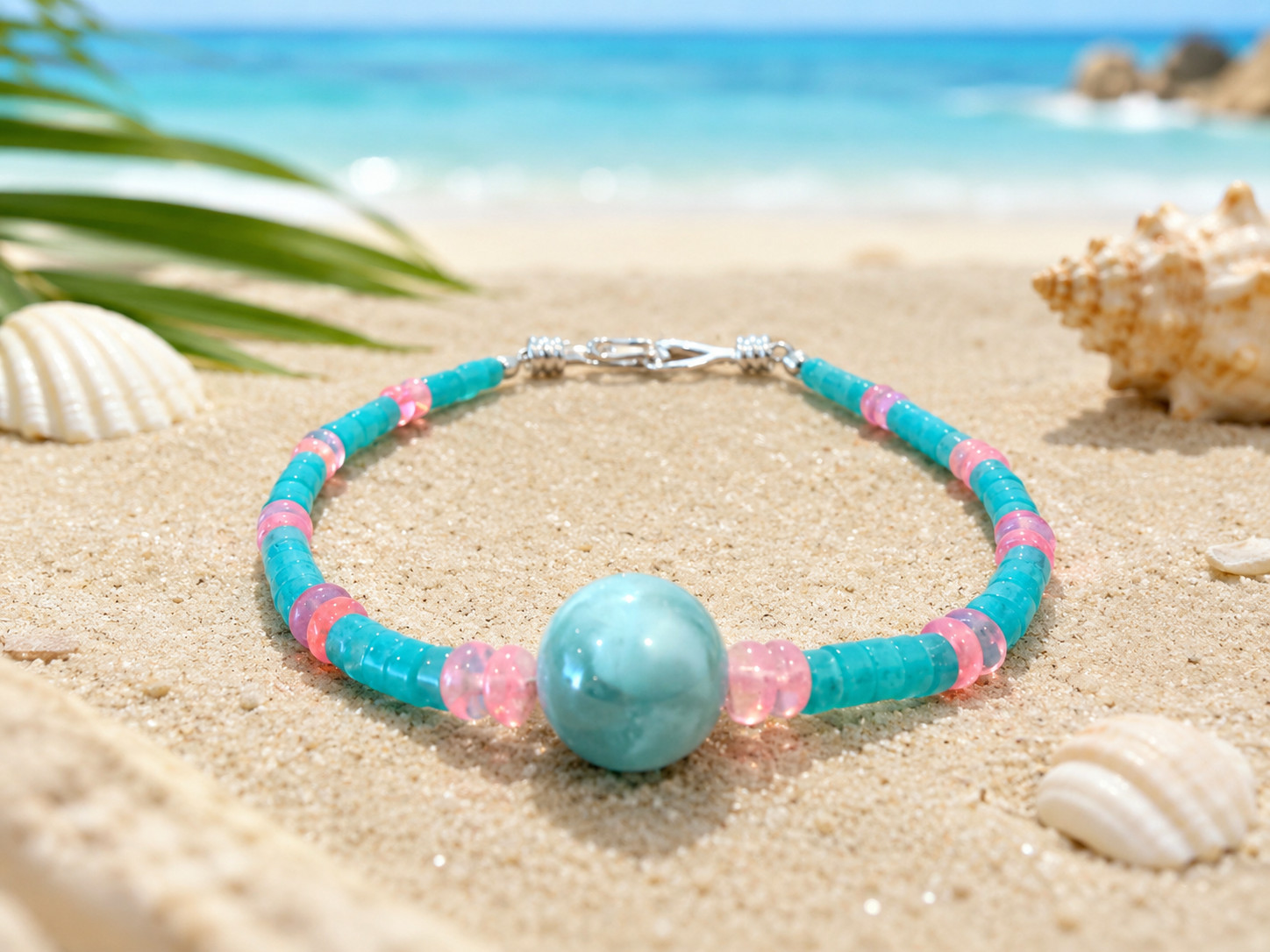Amazonite & Dyed Opal Beaded Bracelet / Anklet – Moonstone Center – Handmade