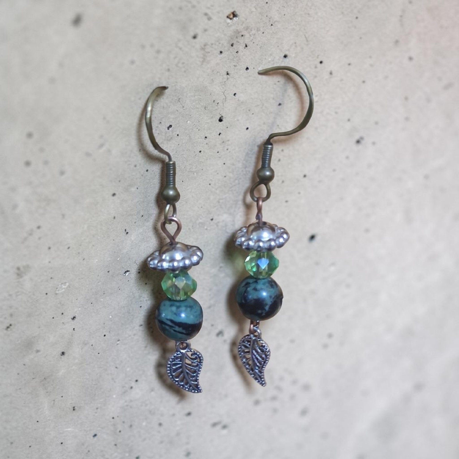 Glass Beaded Dangle Drop Hook Earrings Leaf Charm Blue Green Nickel-Free
