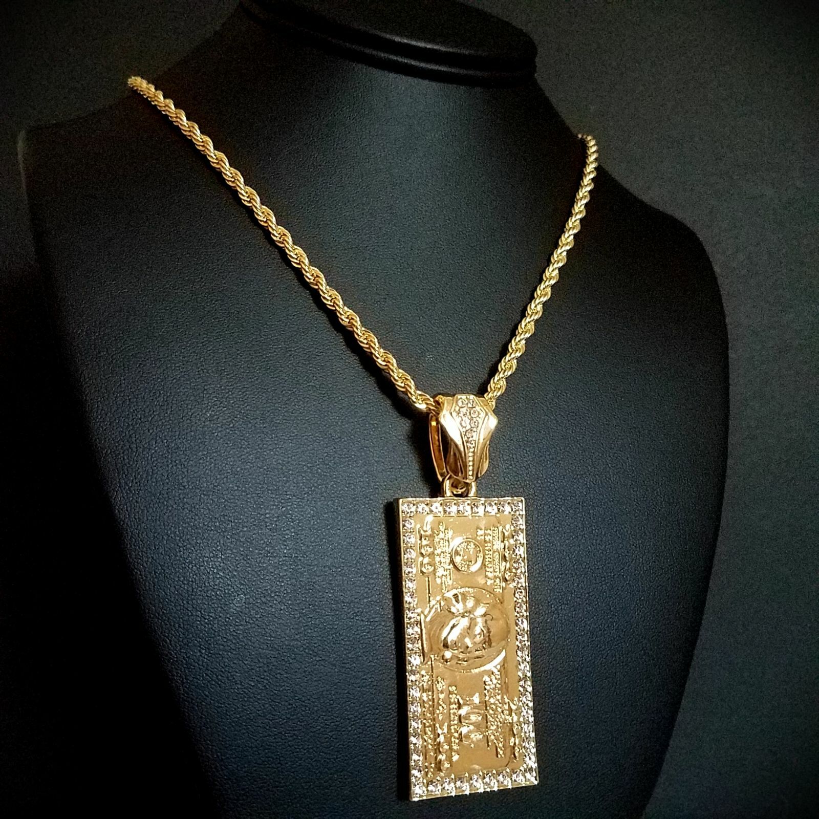 Large Hundred Dollar Bill Benjamin Money Pendant w/ 5mm 30″ Rope Chain Necklace