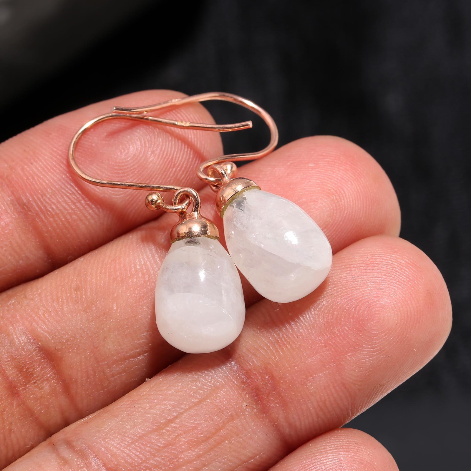 Natural Moonstone Teardrop Dangle Earrings Rose Gold Fill Solid Silver Jewelry
