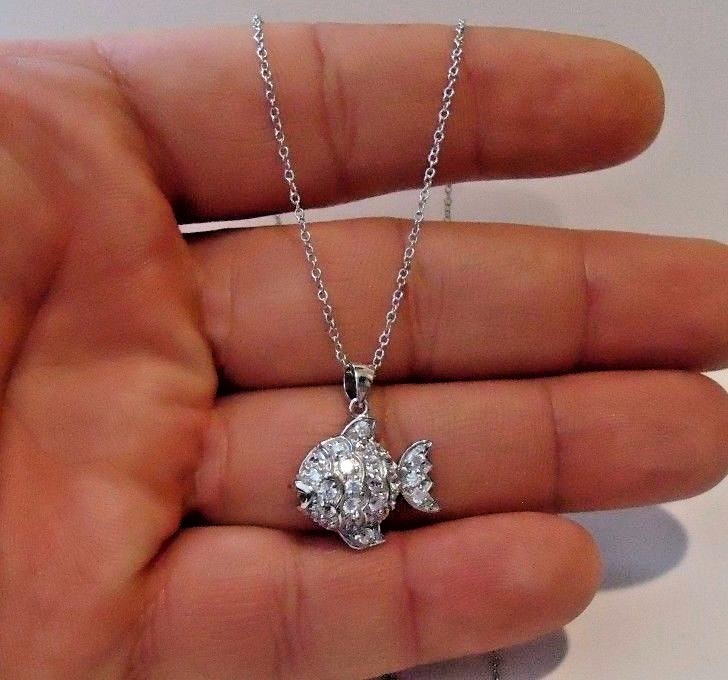 FISH NECKLACE PENDANT W/ 1 CT LAB DIAMONDS/ 925 STERLING SILVER/ 18” CHAIN