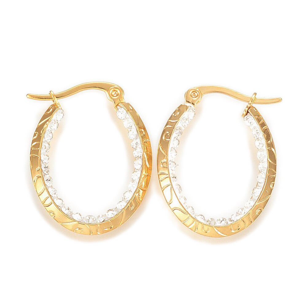 304 Stainless Steel Hoop Earrings Clay Rhinestone Oval Gold 1″ Pin 1×0.8mm  P593