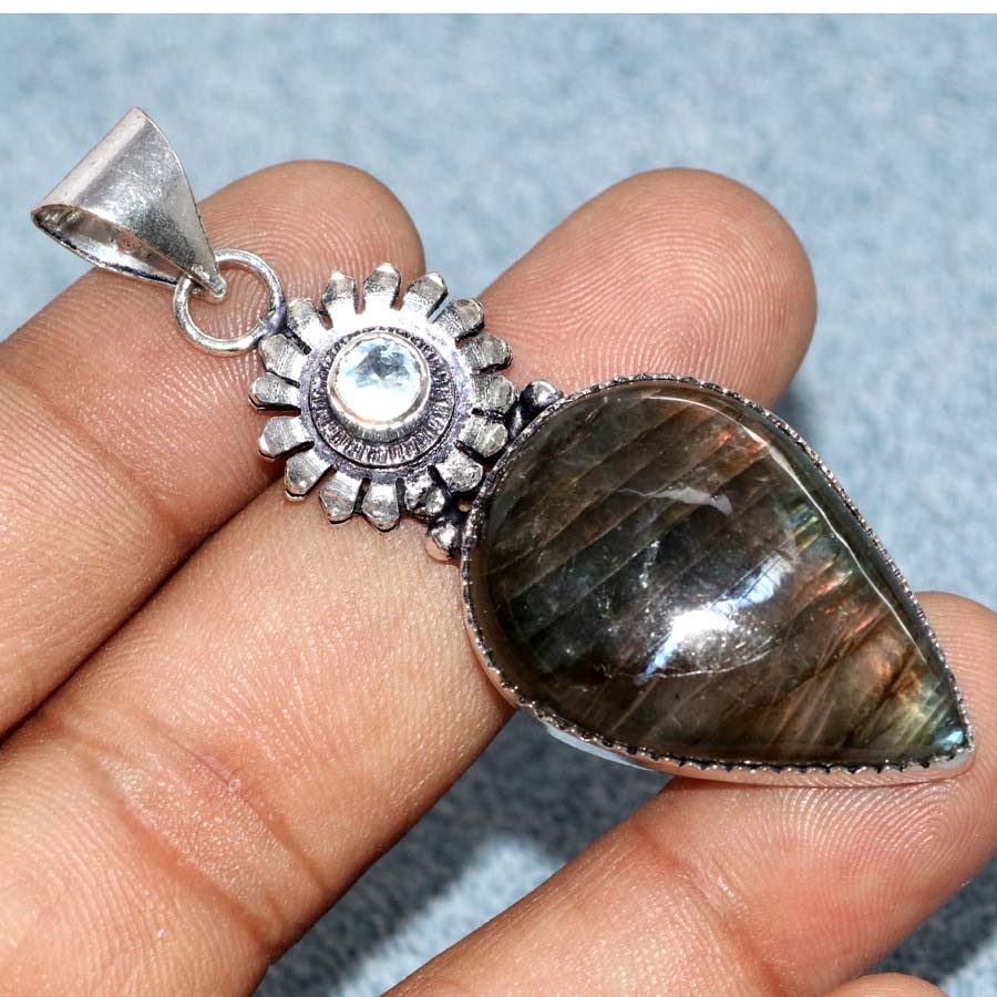 925 Silver Plated Long Fiery Labradorite Blue Topaz Pendant 2.4″ Trendy JW