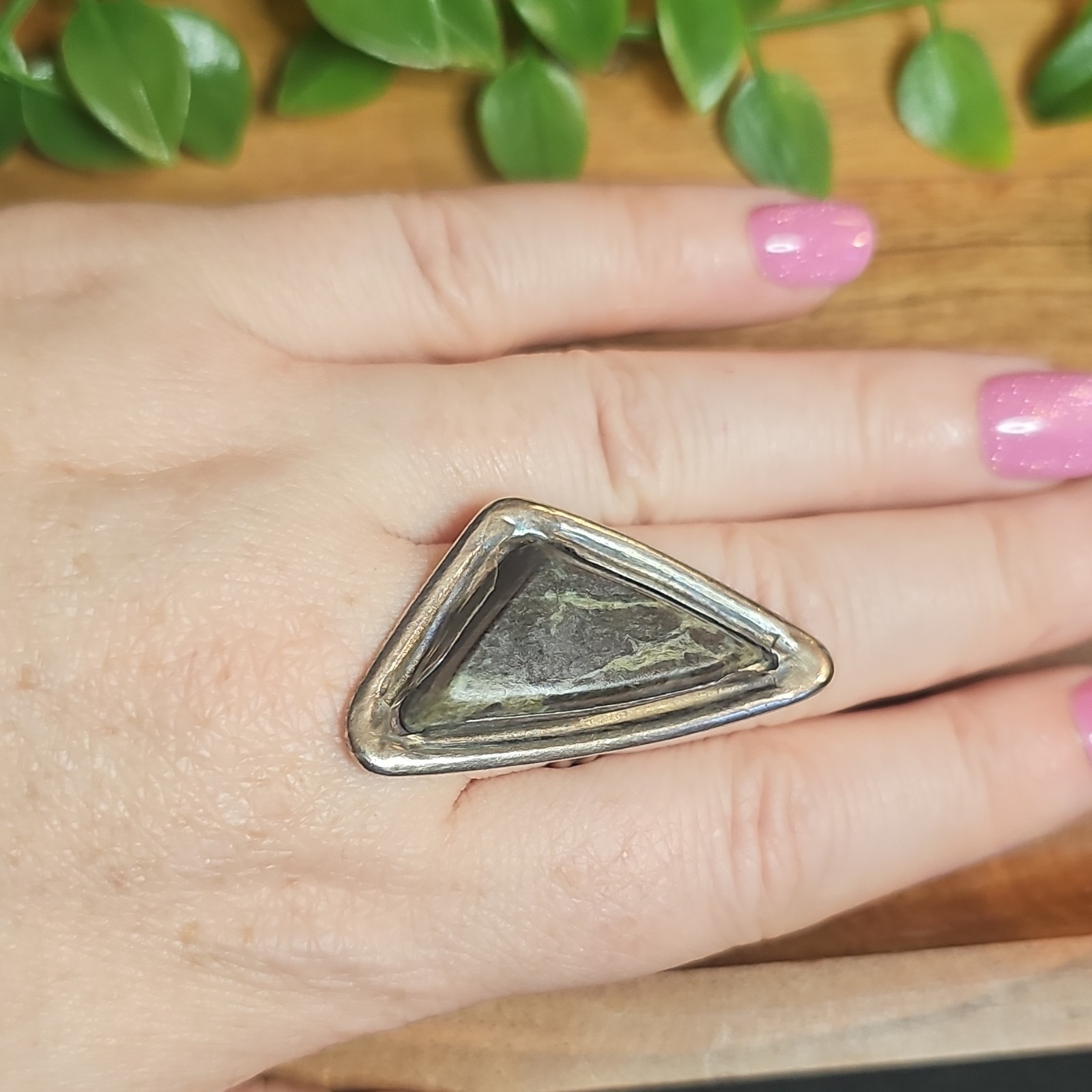 Vtg 925 Sterling Kambaba Jasper Statement Shield Asymmetrical Ring 13g Sz 7.5