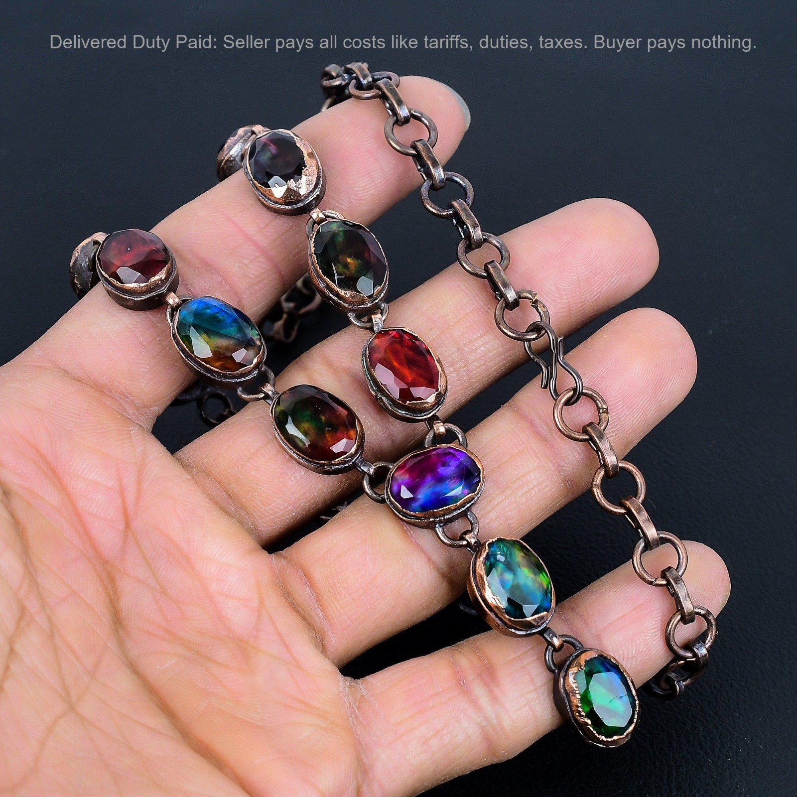 Christmas Sale Copper Oval Natural Ammolite Chain Electroformed Necklace Jewelry