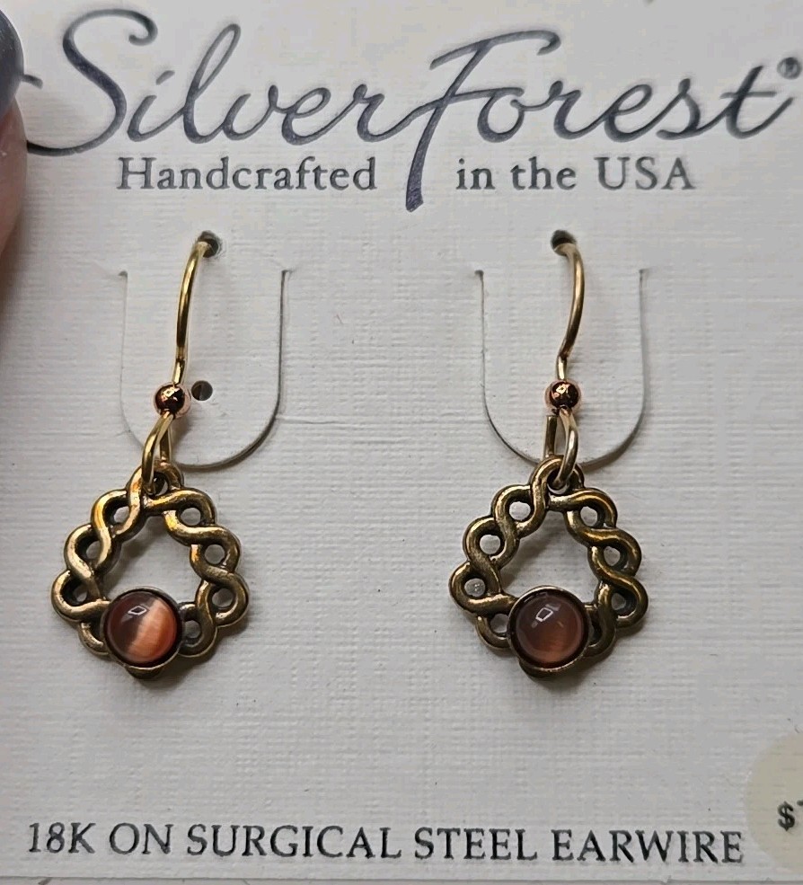 Silver Forest Earrings USA Petite Dangle Bronze Tone Chain Tigers Eye Beads