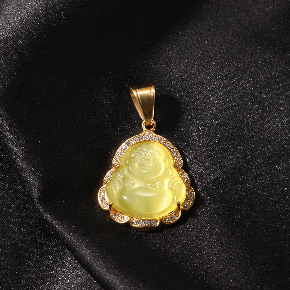 Hip Hop Stainless Steel Maitreya Buddha Pendant Necklace with Rhinestone Jewelry