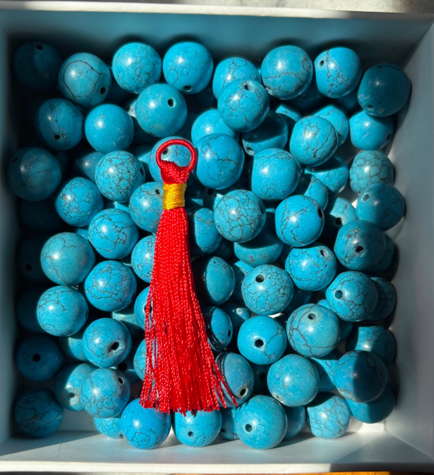 108+ Blue Reconstituted Turquoise Beads, w/Tassle Perfect for DYI Mala 10mm