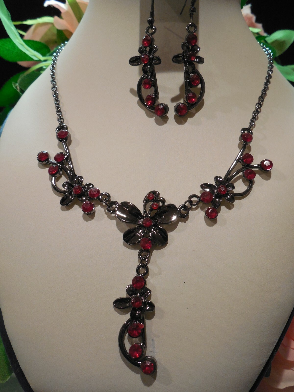 Ion Plated Black Stainless Steel Ruby Red Rhinestone Floral Necklace Set
