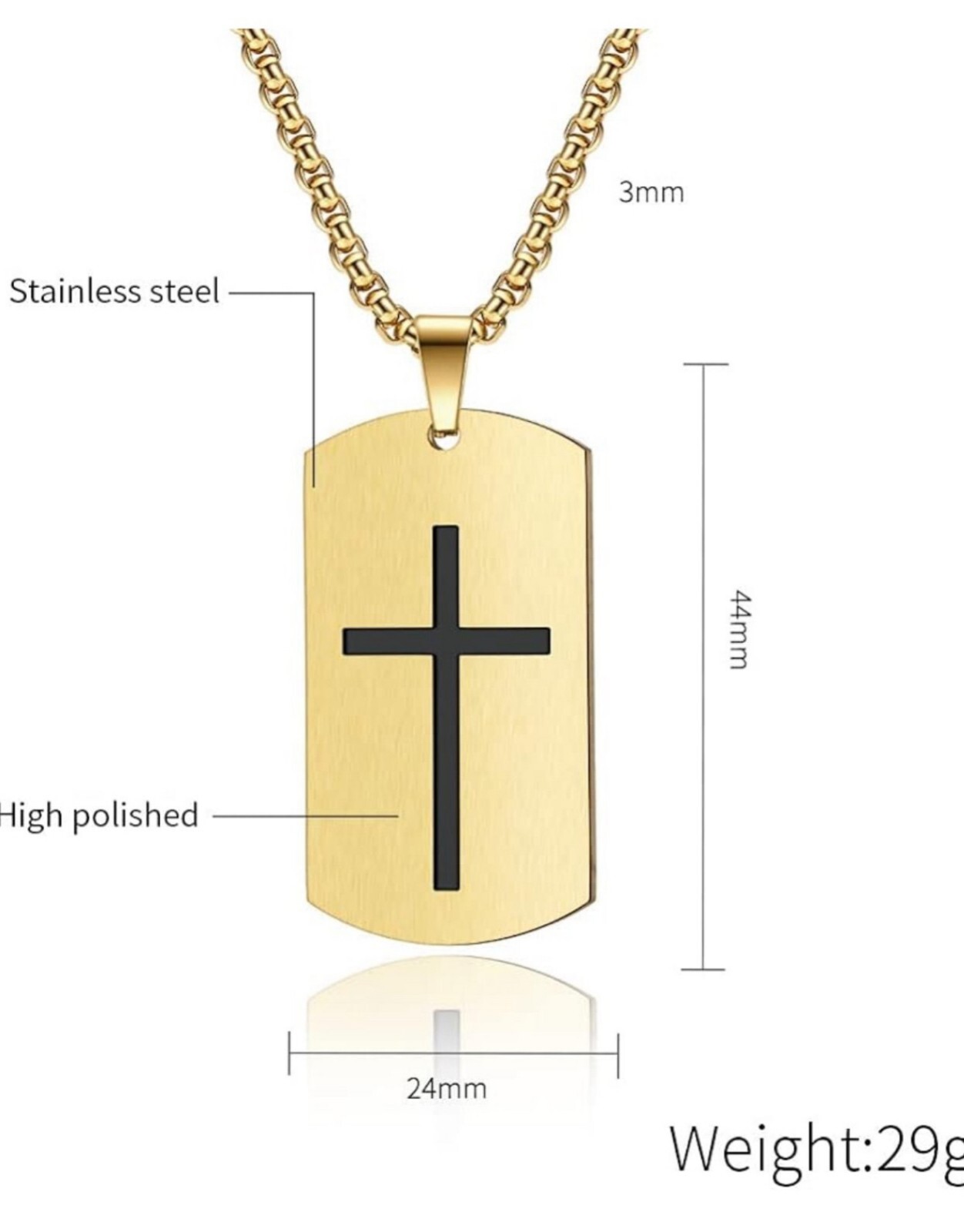 316L Stainless Steel, 23.5” Gold DOG TAGS,Pendant, Cross Necklaces with BOX