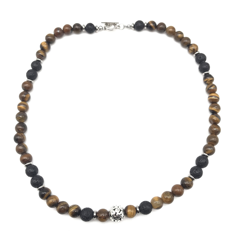 Men’s 8mm Natural Tiger Eye Lava Bead Necklace Stainless Steel Toggle 18/20/24″S