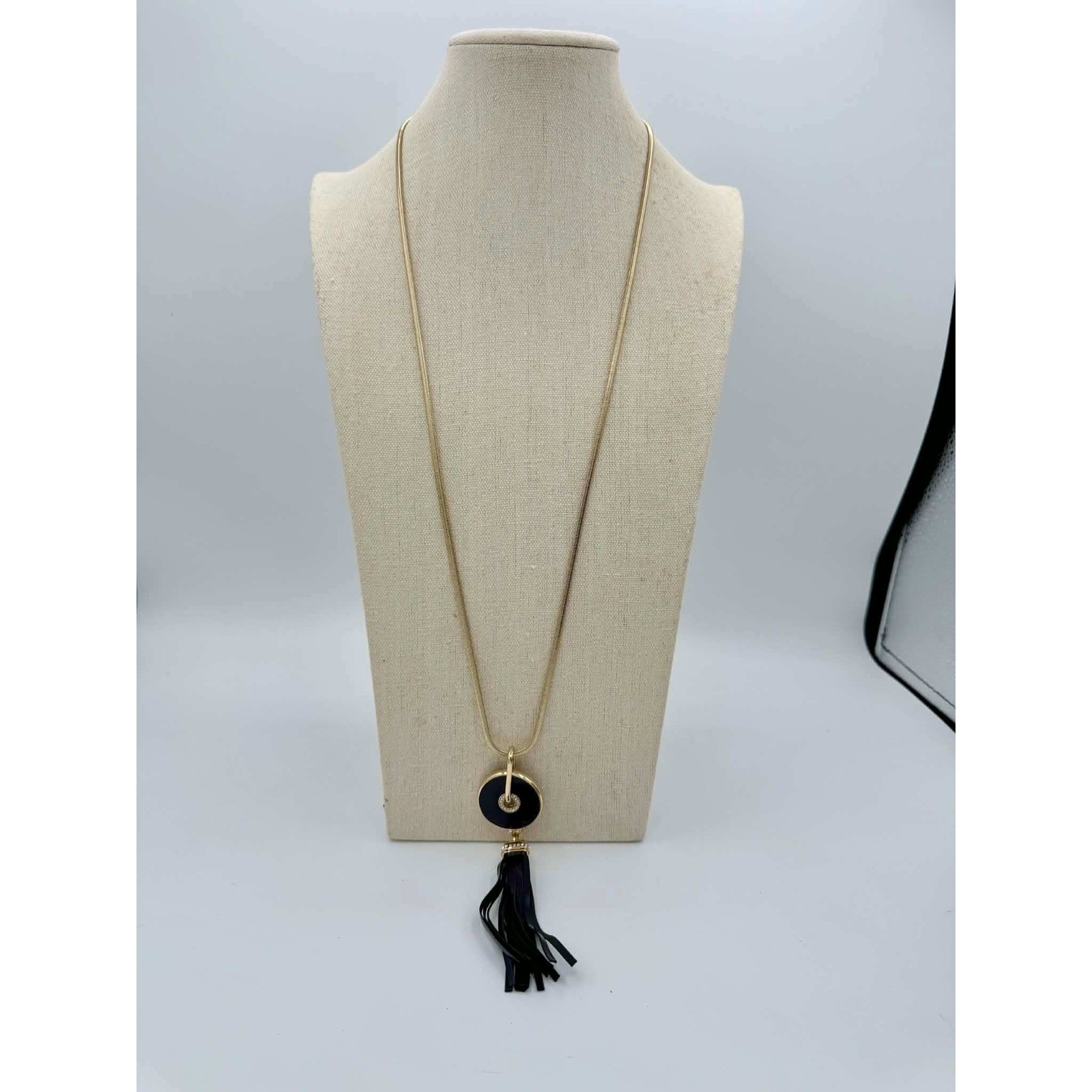 White House Black Market Gold Black Tassel Long Pendant Necklace NWT 30in + 3in