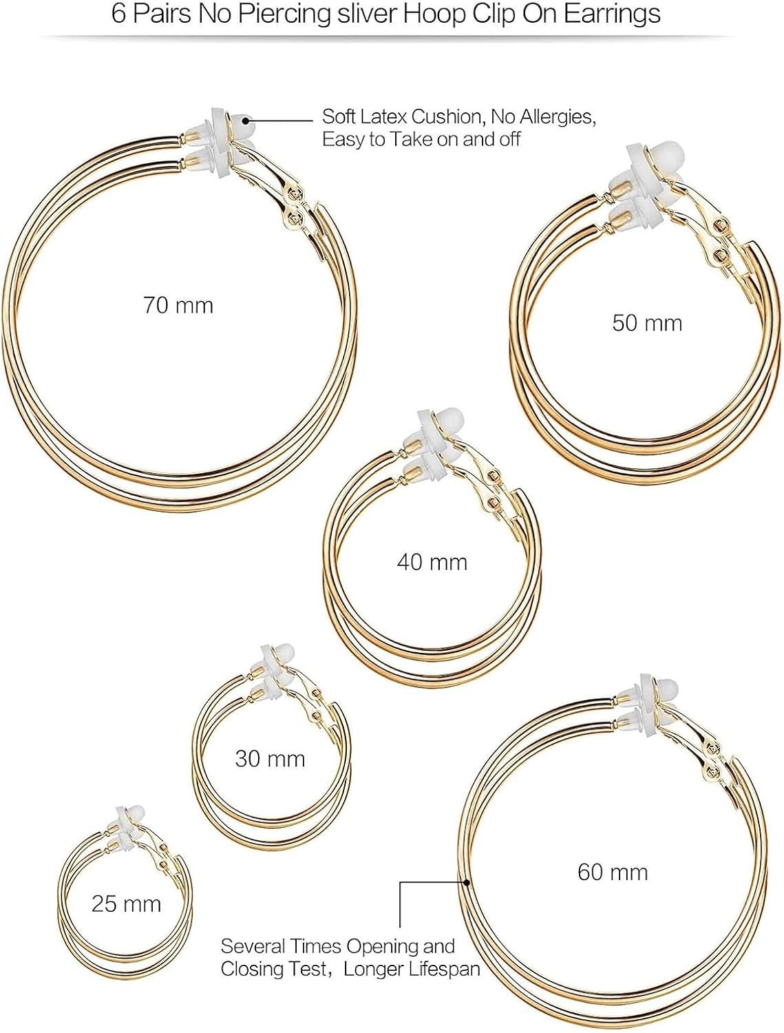 Charming Gold Clip-On Hoop Earrings Set – Hypoallergenic, 6 Count for Women