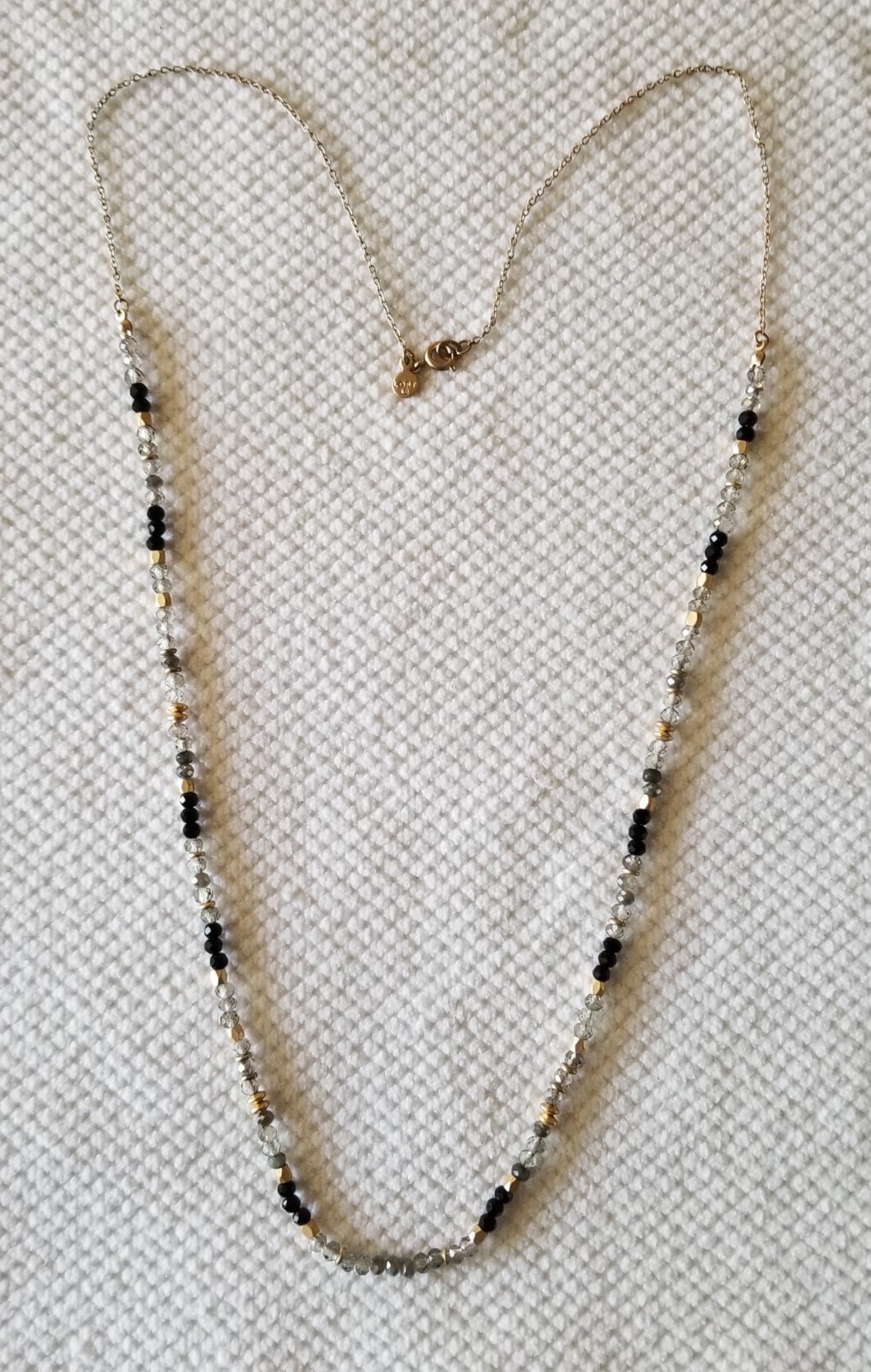 Loft Signed Black, Gray, Gold Beaded Long Gold Tone Chain Necklace