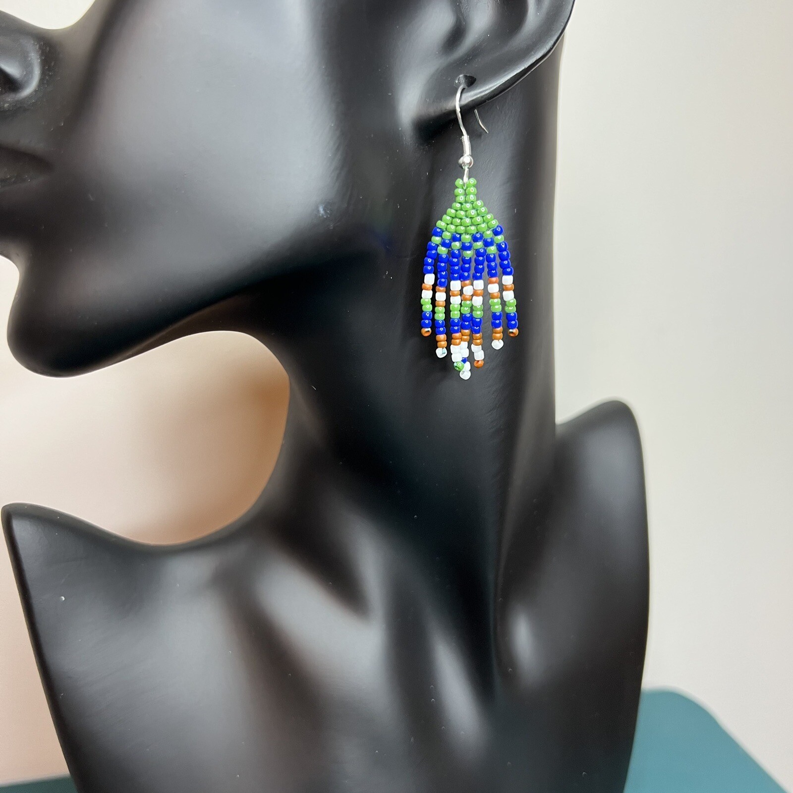 Mini Seed Beaded Earrings 2.25 inches Long Handmade Jewelry Blue Green