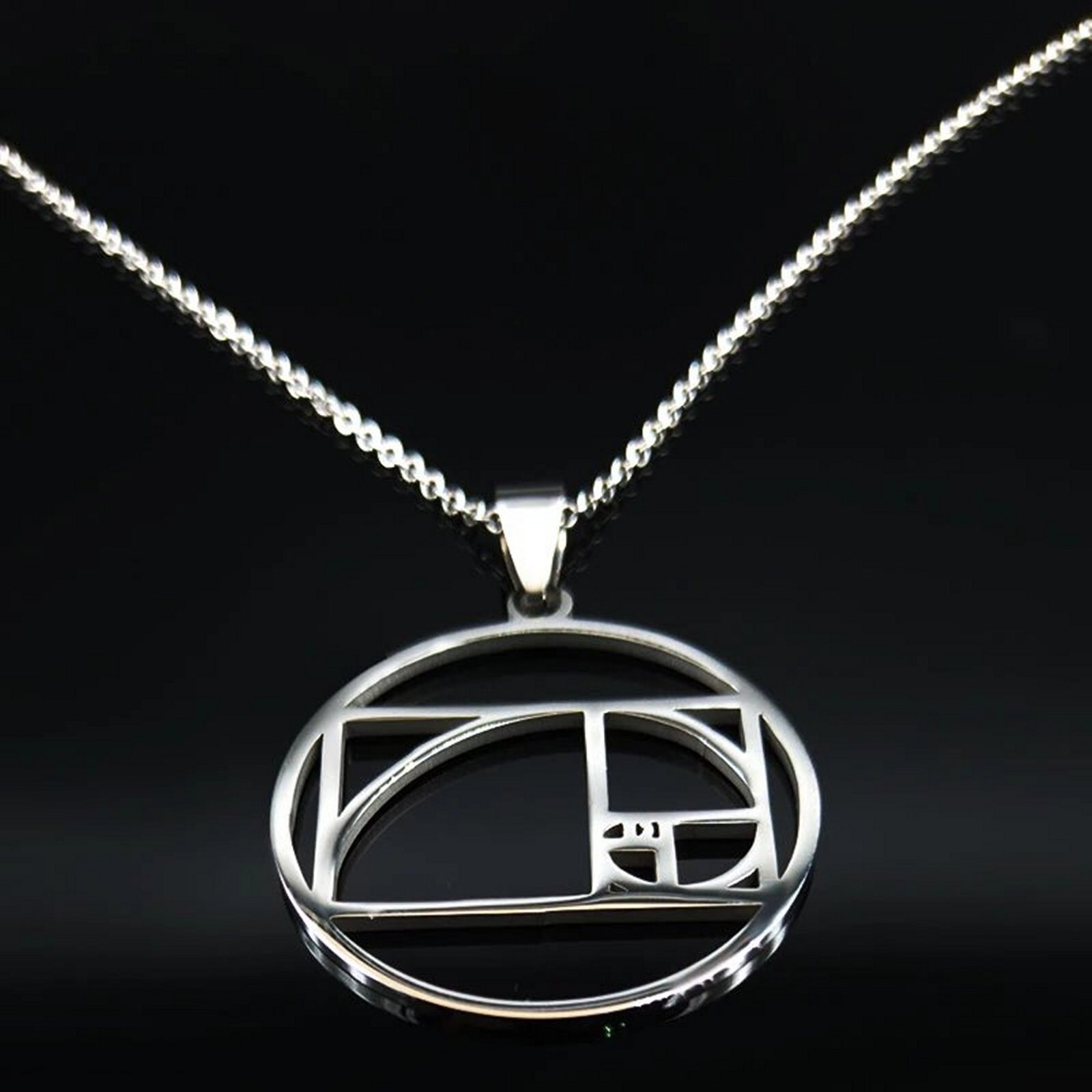 Fibonacci Spiral Necklace Silver Stainless Steel Sacred Geometry Pendant & Chain
