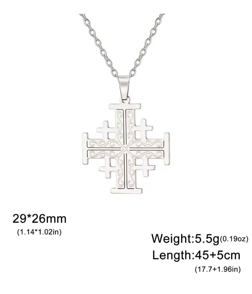 Stainless Steel Jerusalem Cross pendant + 45cm (17.7in) chain plus 2in extender