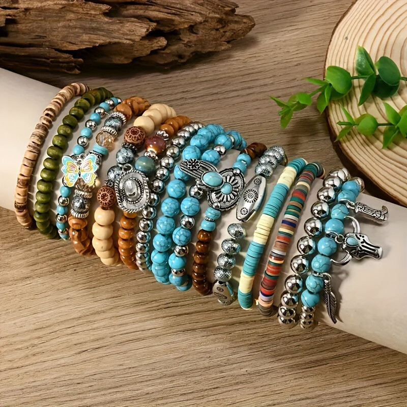15pcs Bohemian Style Wooden Bead Bracelet Set Multi-Layer Stretch Bead Bracelet